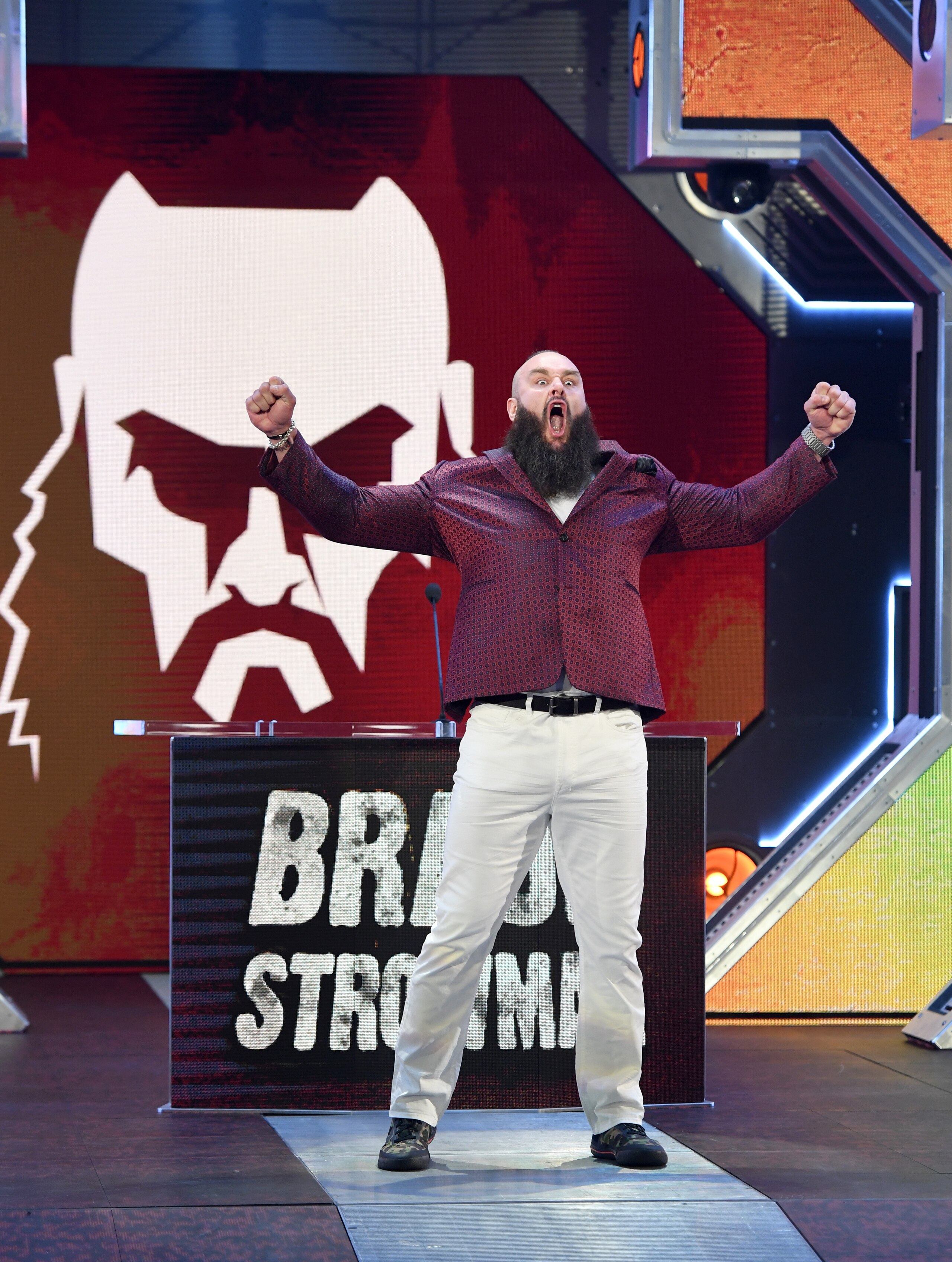 LAS VEGAS, NEVADA - OCTOBER 11:  WWE wrestler Braun Strowman is introduced at a WWE news conference at T-Mobile Arena on October 11, 2019 in Las Vegas, Nevada. Strowman will face heavyweight boxer Tyson Fury and WWE champion Brock Lesnar will take on former UFC heavyweight champion Cain Velasquez at the WWE's Crown Jewel event at Fahd International Stadium in Riyadh, Saudi Arabia on October 31.  (Photo by Ethan Miller/Getty Images)