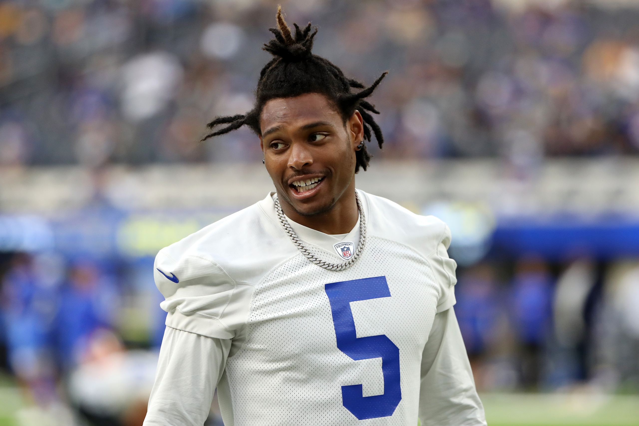 INGLEWOOD, CALIFORNIA - JUNE 10: Jalen Ramsey #5 of the Los Angeles Rams looks on during open practice at SoFi Stadium on June 10, 2021 in Inglewood, California. (Photo by Katelyn Mulcahy/Getty Images)