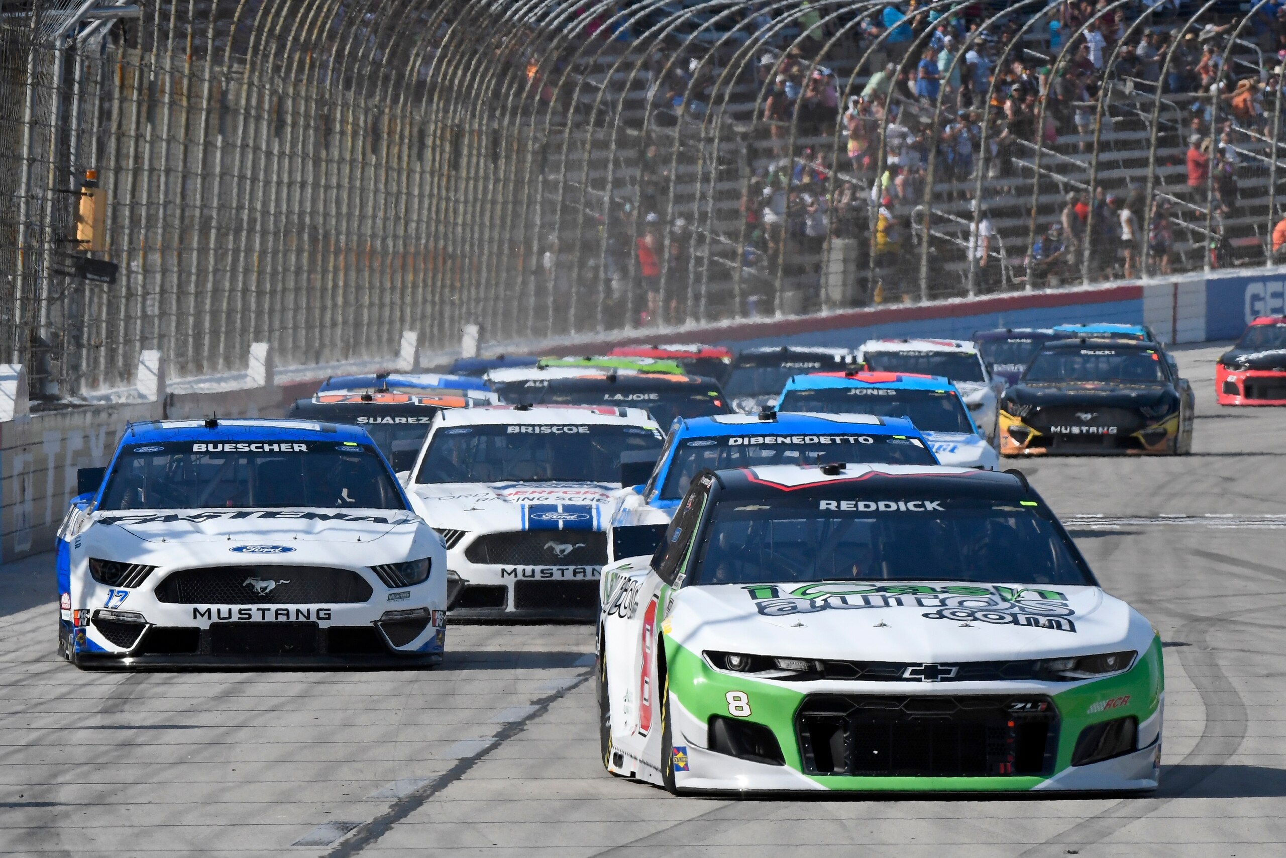 Tyler Reddick (8) leads the field into Turn 1 during the NASCAR All-Star Open Cup Series auto race at Texas Motor Speedway in Fort Worth, Texas, Sunday, June 13, 2021. (AP Photo/Larry Papke)