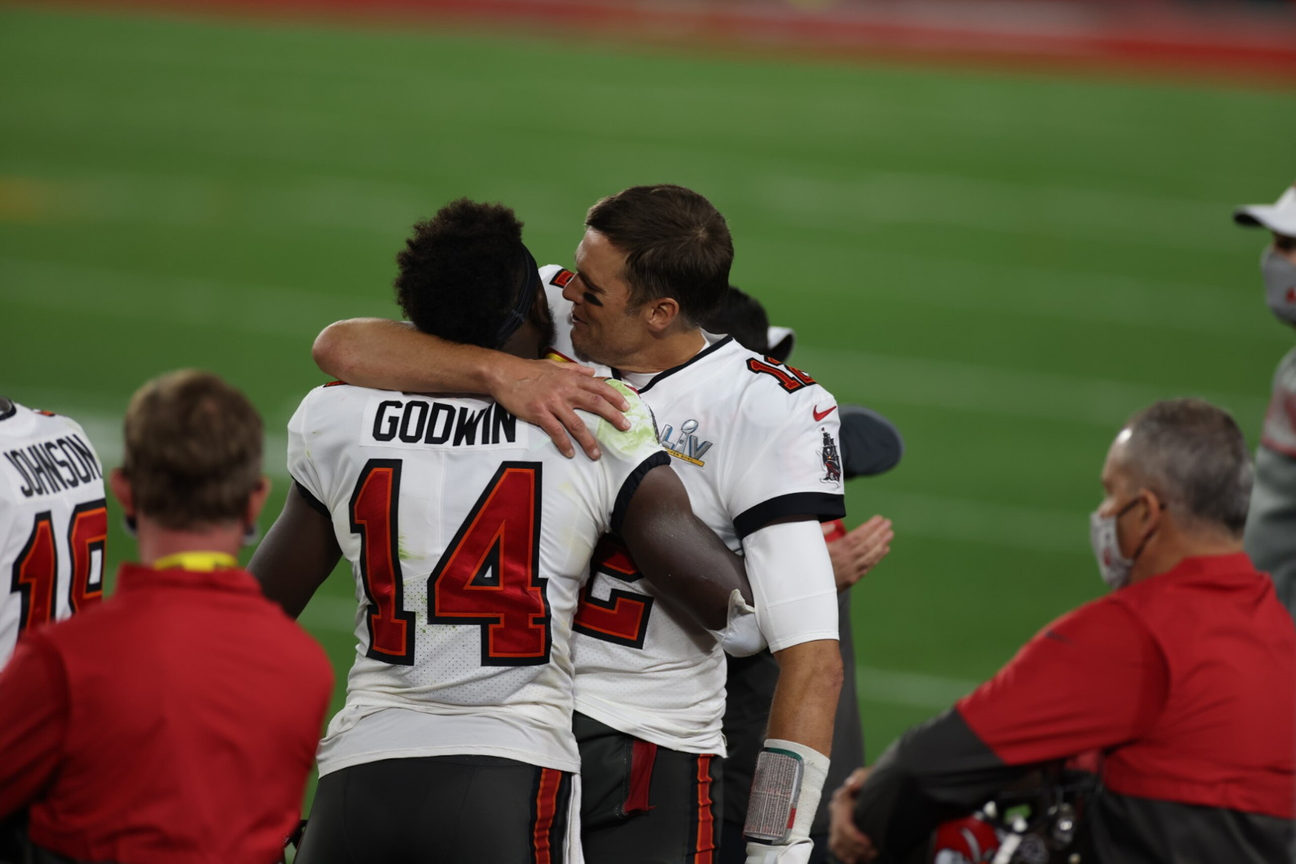 Football: Super Bowl LV: Tampa Bay Buccaneers QB Tom Brady (12) victorious, hugging Chris Godwin (14) during game vs Kansas City Chiefs at Raymond James Stadium.
Tampa, FL 2/7/2021
CREDIT: Simon Bruty (Photo by Simon Bruty/Sports Illustrated via Getty Images)
(Set Number: X163521 TK1) Football: Super Bowl LV: Tampa Bay Buccaneers QB Tom Brady (12) victorious, hugging Chris Godwin (14) during game vs Kansas City Chiefs at Raymond James Stadium.
Tampa, FL 2/7/2021
CREDIT: Simon Bruty (Photo by Simon Bruty/Sports Illustrated via Getty Images)
(Set Number: X163521 TK1)