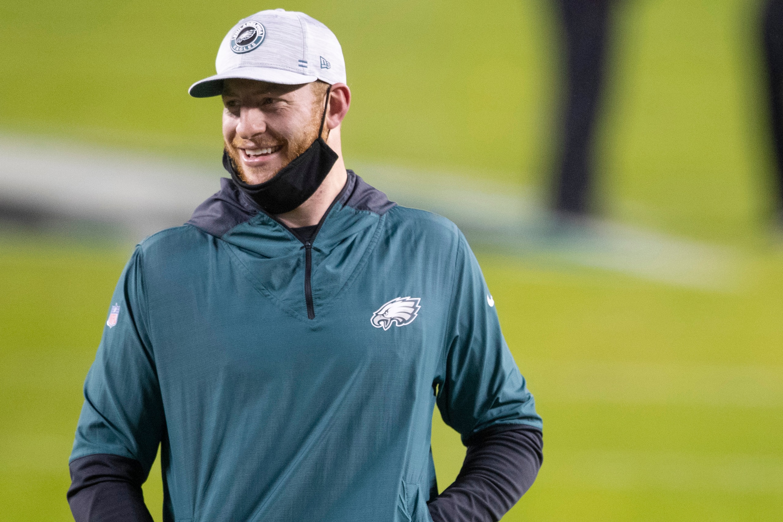 PHILADELPHIA, PA - JANUARY 03: Carson Wentz #11 of the Philadelphia Eagles looks on prior to the game against the Washington Football Team at Lincoln Financial Field on January 3, 2021 in Philadelphia, Pennsylvania. (Photo by Mitchell Leff/Getty Images)