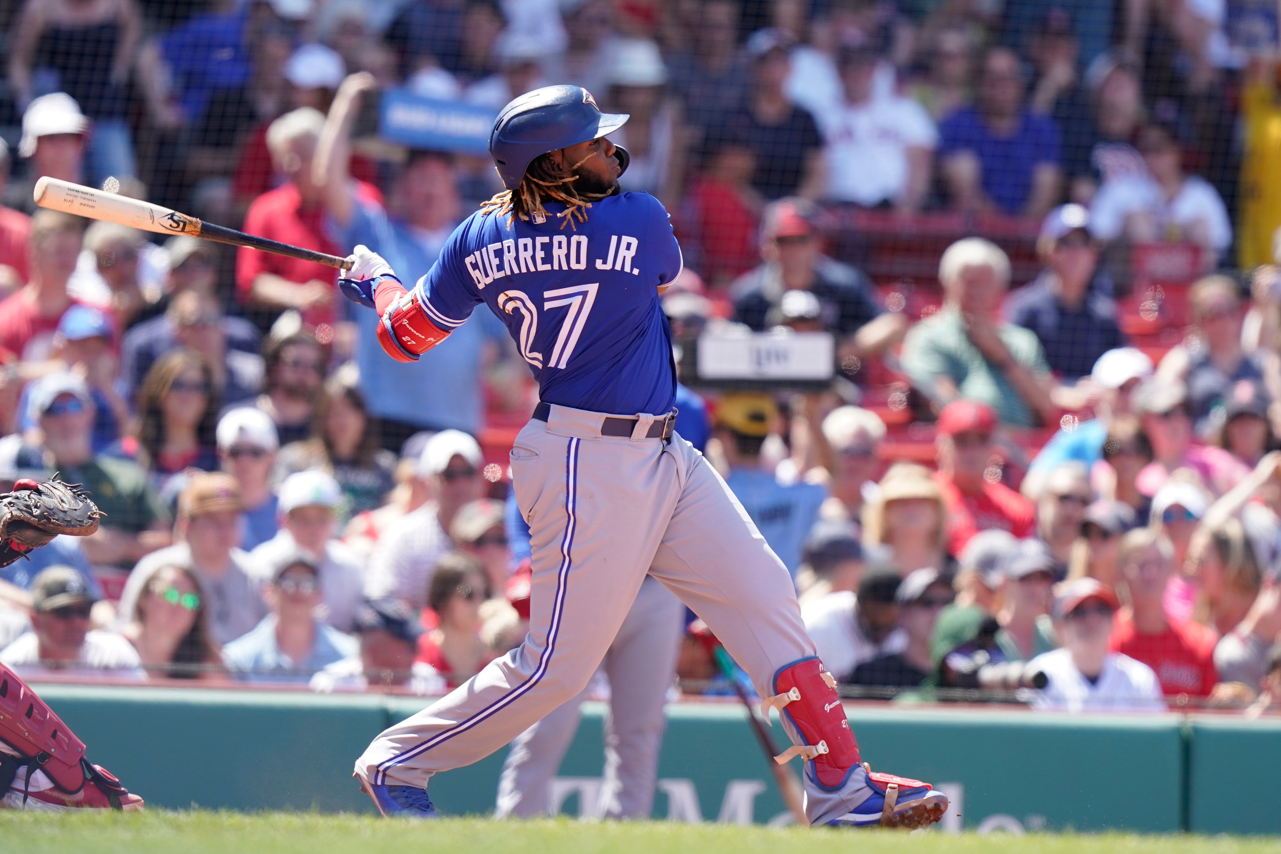 Toronto Blue Jays designated hitter Vladimir Guerrero Jr. singles in the fifth inning of a baseball game against the Boston Red Sox, Sunday, June 13, 2021, in Boston. (AP Photo/Steven Senne)