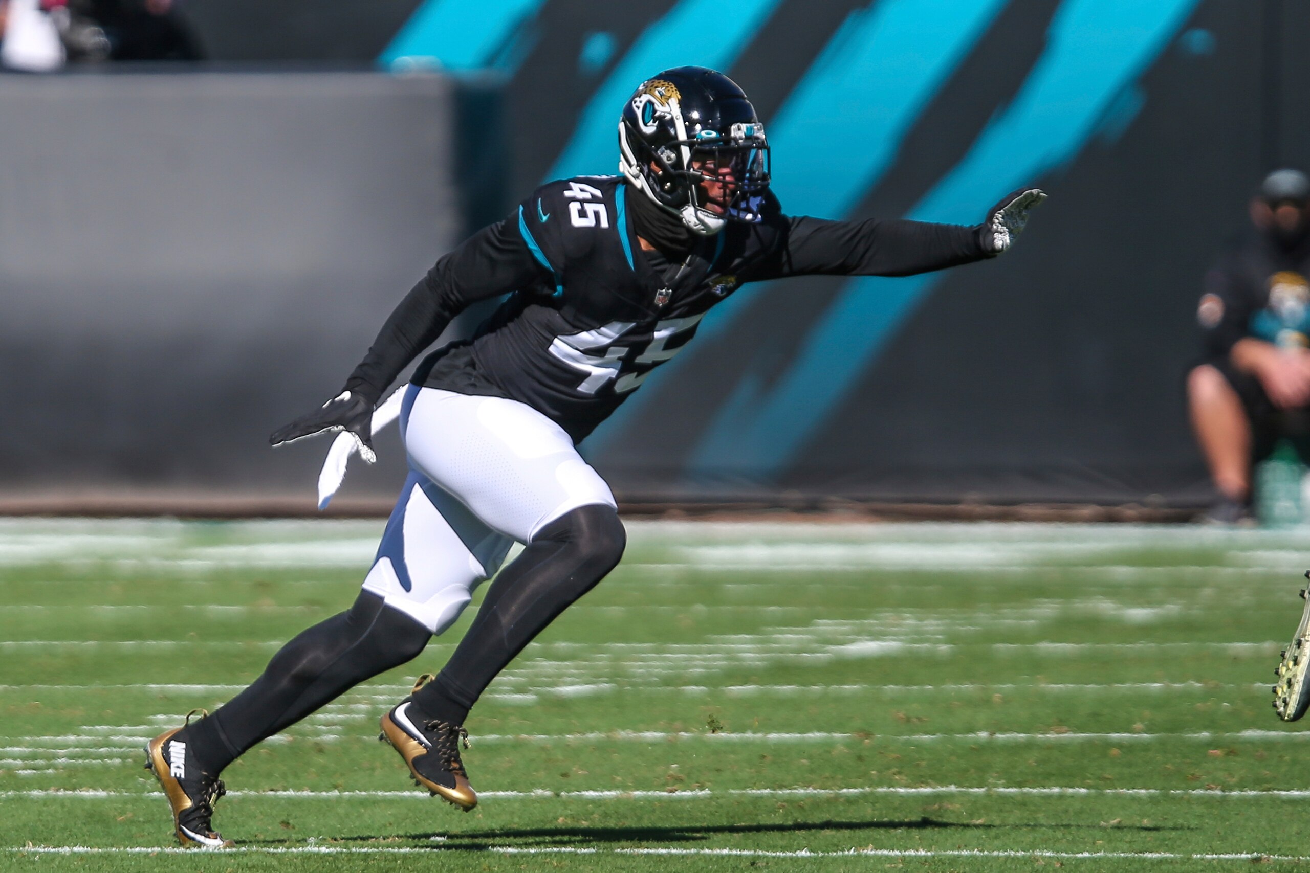 Jacksonville Jaguars linebacker K'Lavon Chaisson (45) during the first half of an NFL football game against the Chicago Bears, Sunday, Dec. 27, 2020, in Jacksonville, Fla. (AP Photo/Gary McCullough)