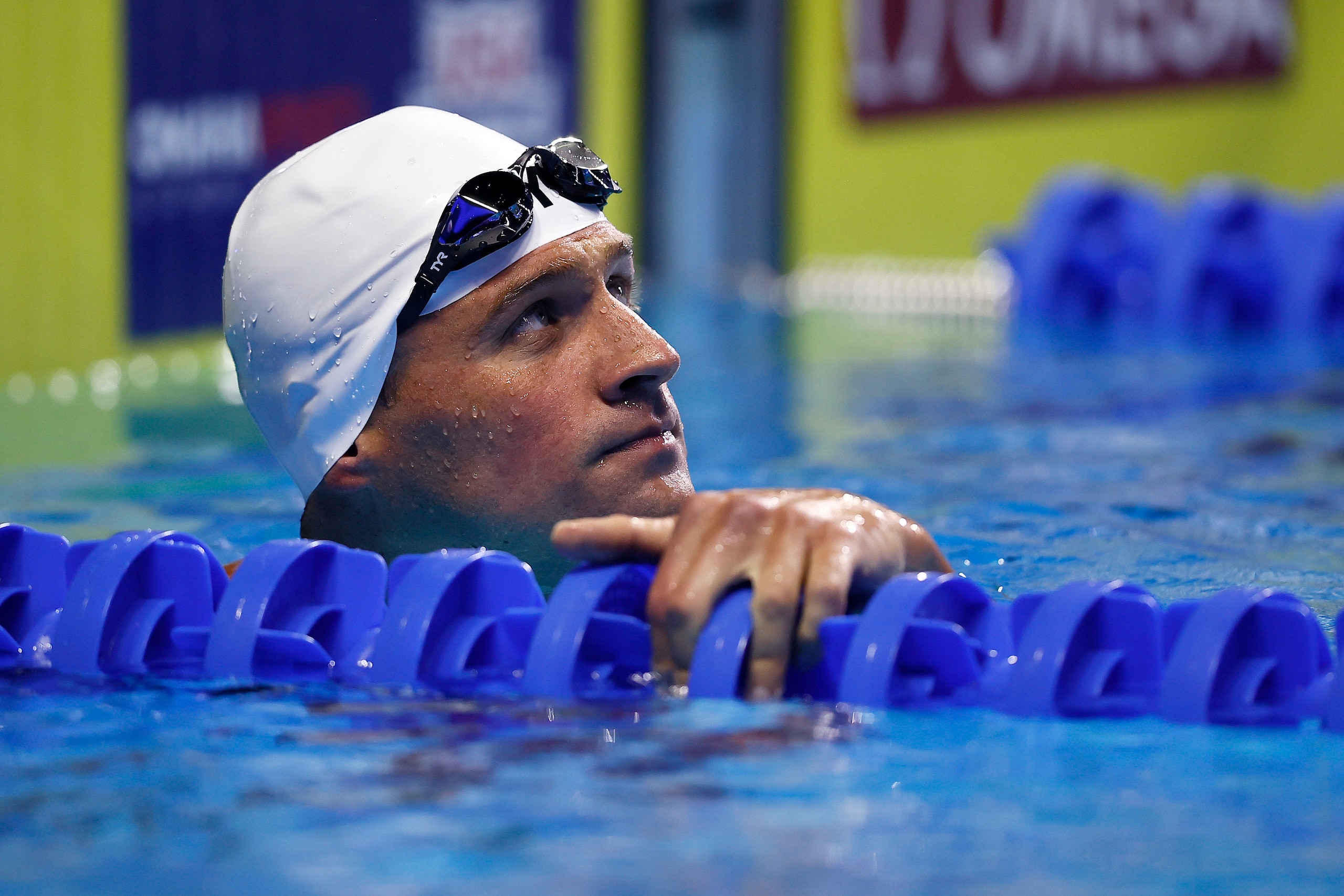 OMAHA, NEBRASKA - JUNE 14: Ryan Lochte of the United States reacts after competing in a preliminary heat for the Men’s 200m freestyle during Day Two of the 2021 U.S. Olympic Team Swimming Trials at CHI Health Center on June 14, 2021 in Omaha, Nebraska. (Photo by Tom Pennington/Getty Images)