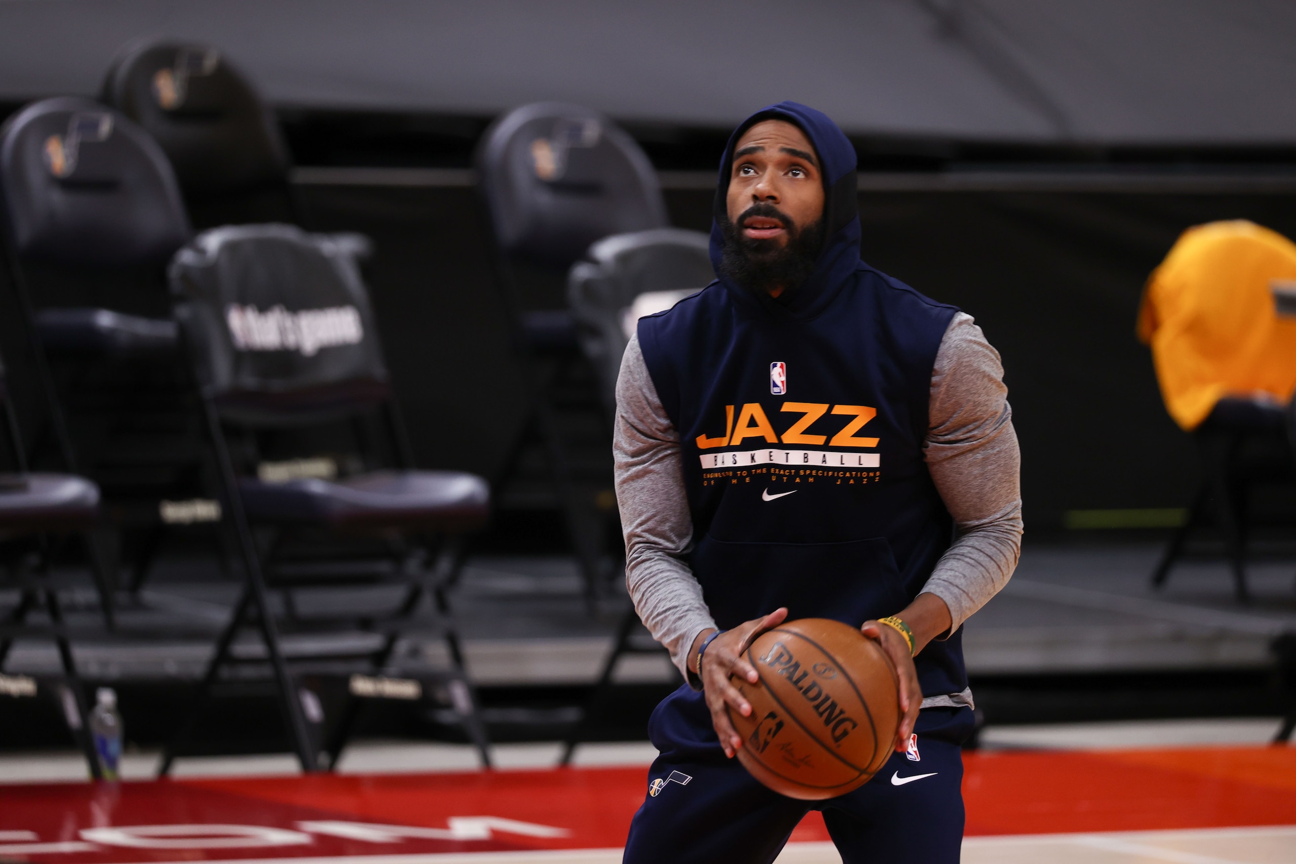 SALT LAKE CITY, UT - JUNE 8: Mike Conley #10 of the Utah Jazz warms up before the game against the LA Clippers during Round 2, Game 1 of the 2021 NBA Playoffs on June 8, 2021 at vivint.SmartHome Arena in Salt Lake City, Utah. NOTE TO USER: User expressly acknowledges and agrees that, by downloading and or using this Photograph, User is consenting to the terms and conditions of the Getty Images License Agreement. Mandatory Copyright Notice: Copyright 2021 NBAE (Photo by Melissa Majchrzak/NBAE via Getty Images) SALT LAKE CITY, UT - JUNE 8: Mike Conley #10 of the Utah Jazz warms up before the game against the LA Clippers during Round 2, Game 1 of the 2021 NBA Playoffs on June 8, 2021 at vivint.SmartHome Arena in Salt Lake City, Utah. NOTE TO USER: User expressly acknowledges and agrees that, by downloading and or using this Photograph, User is consenting to the terms and conditions of the Getty Images License Agreement. Mandatory Copyright Notice: Copyright 2021 NBAE (Photo by Melissa Majchrzak/NBAE via Getty Images)