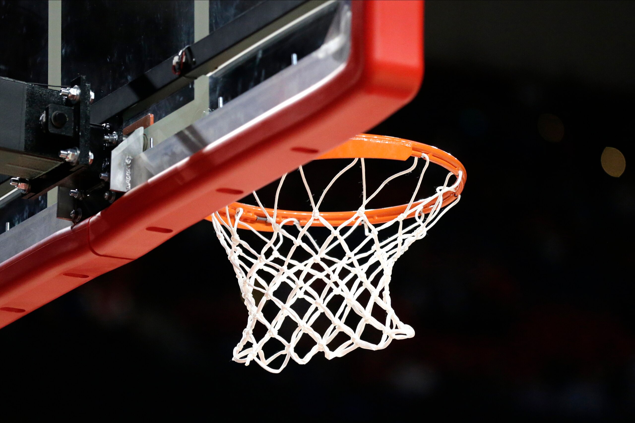 A basketball hoop and net are seen at Xfinity Center during the first half of an NCAA college basketball game between Maryland and Notre Dame, Wednesday, Dec. 4, 2019, in College Park, Md. (AP Photo/Julio Cortez)