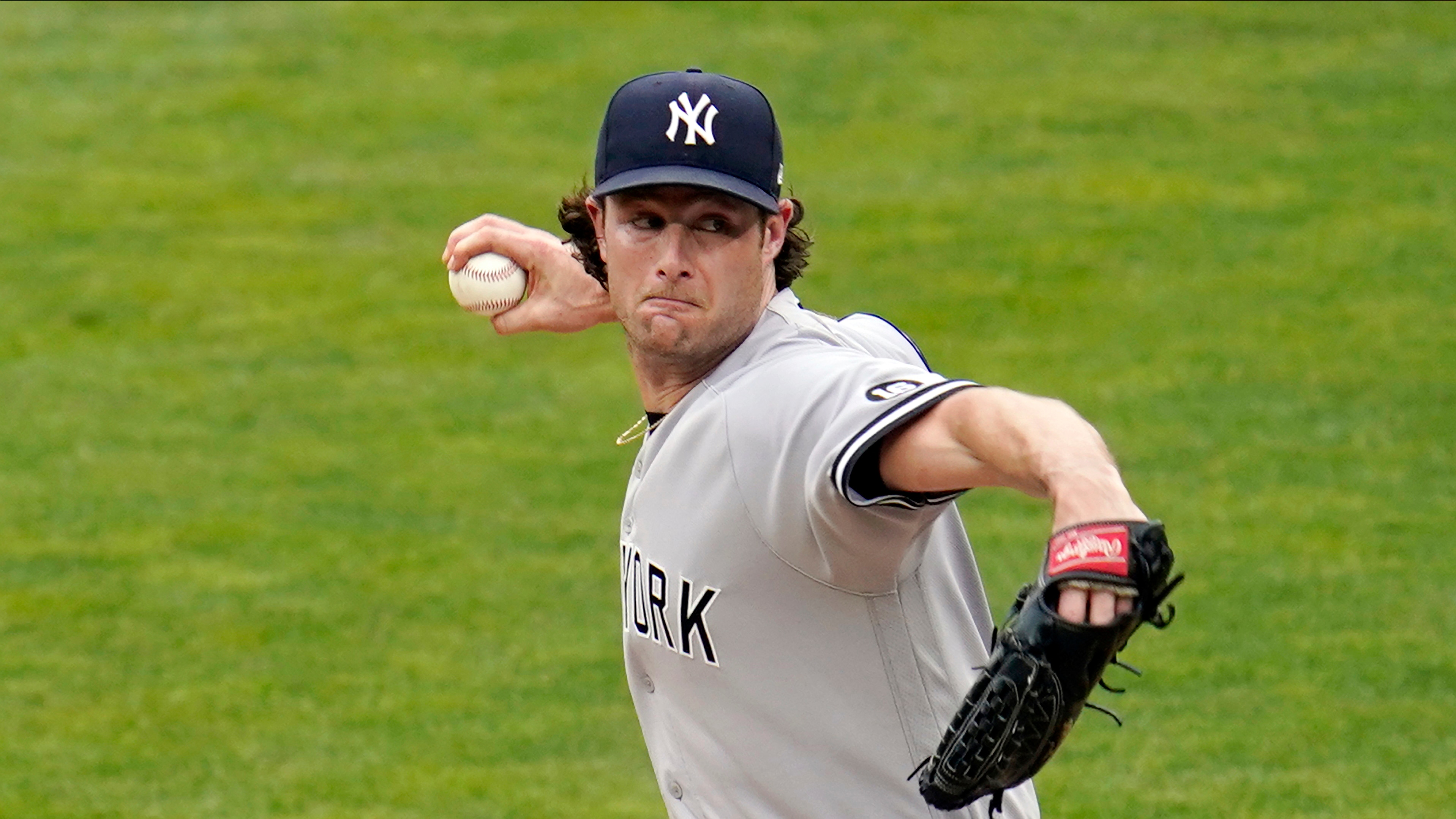New York Yankees pitcher Gerrit Cole throws against the Minnesota Twins in the first inning of a baseball game, Wednesday, June 9, 2021, in Minneapolis. (AP Photo/Jim Mone)