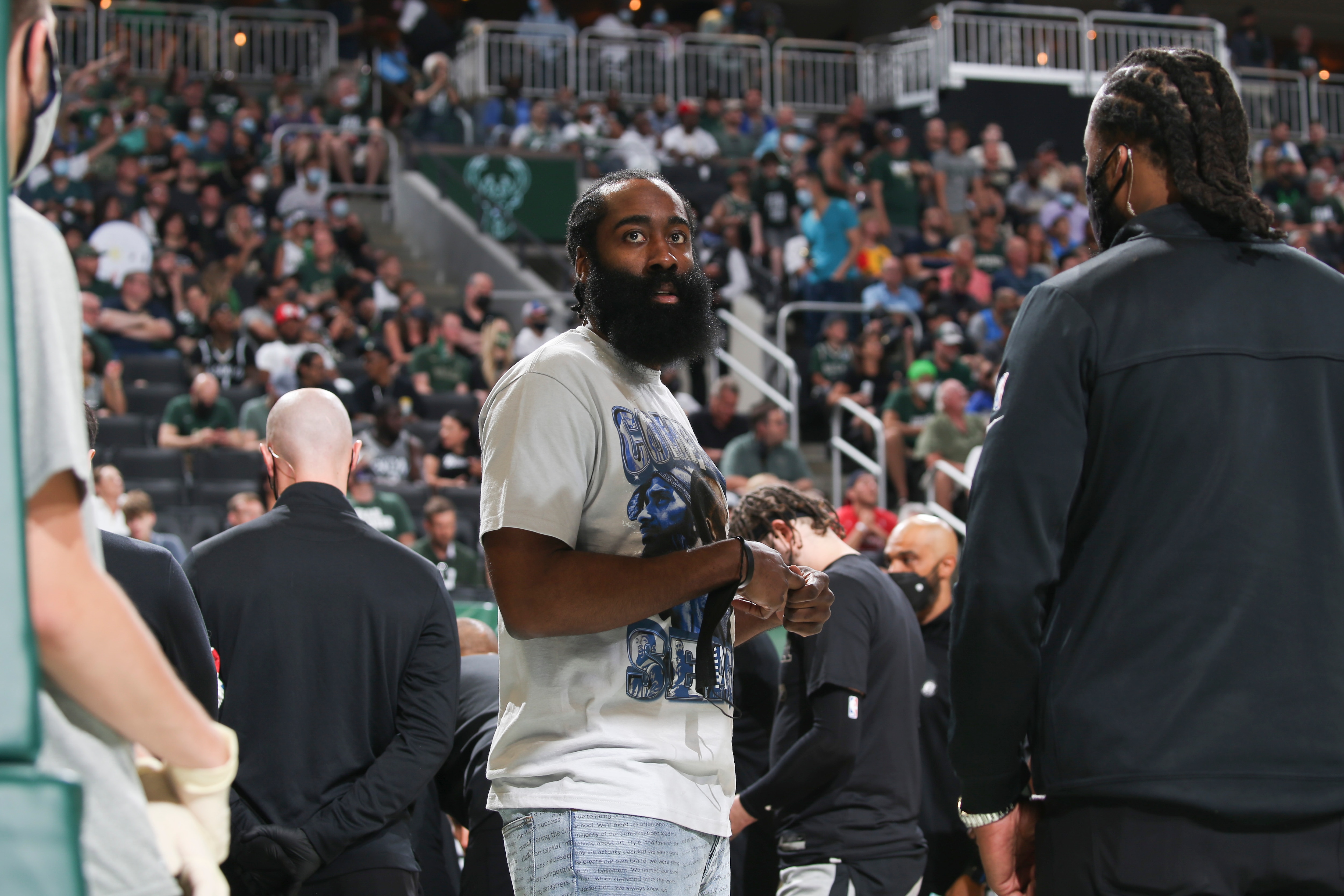 MILWAUKEE, WI - JUNE 13: James Harden #13 of the Brooklyn Nets looks on during the game against the Milwaukee Bucks during Round 2, Game 4 of the 2021 NBA Playoffs  on June 13, 2021 at the Fiserv Forum Center in Milwaukee, Wisconsin. NOTE TO USER: User expressly acknowledges and agrees that, by downloading and or using this Photograph, user is consenting to the terms and conditions of the Getty Images License Agreement. Mandatory Copyright Notice: Copyright 2021 NBAE (Photo by Gary Dineen/NBAE via Getty Images).