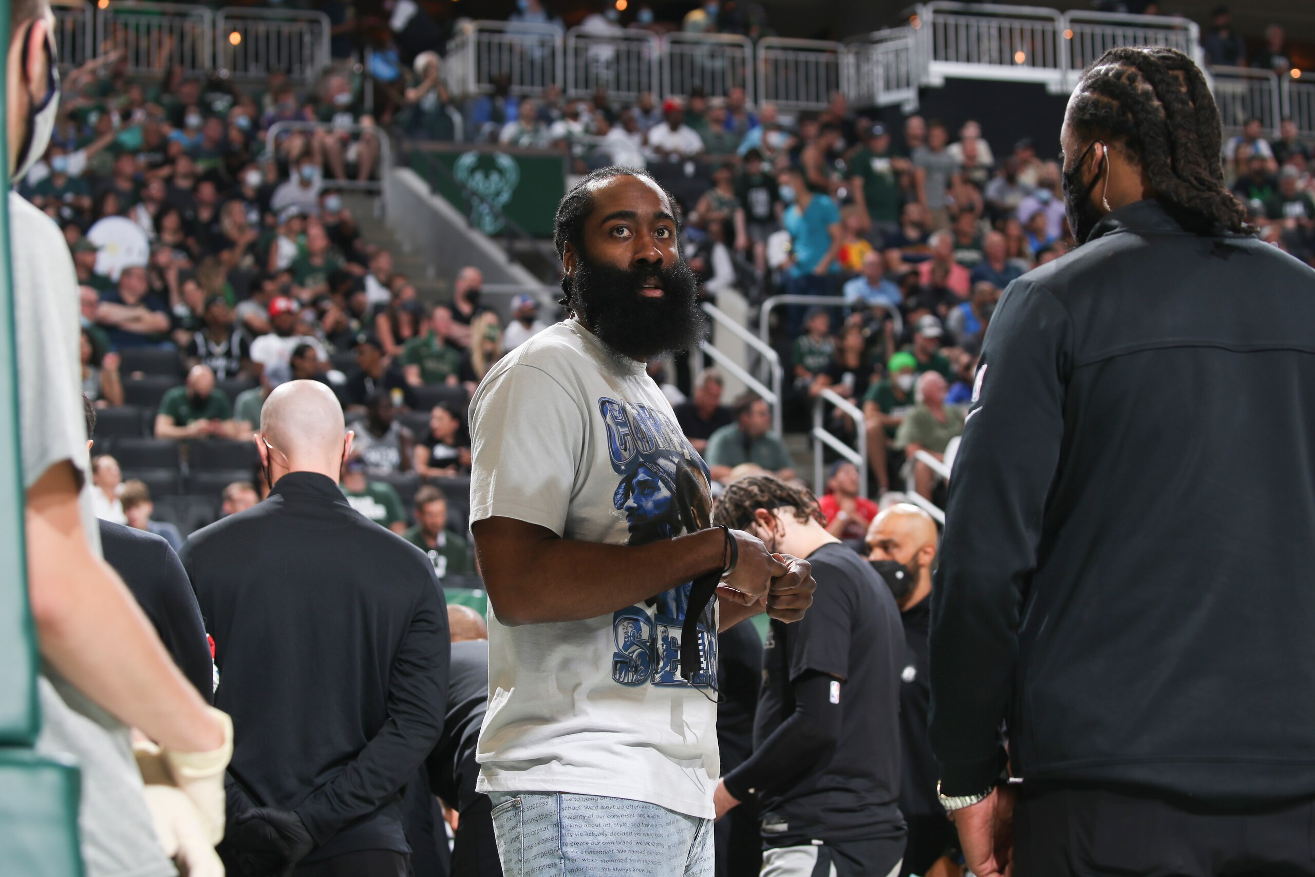 MILWAUKEE, WI - JUNE 13: James Harden #13 of the Brooklyn Nets looks on during the game against the Milwaukee Bucks during Round 2, Game 4 of the 2021 NBA Playoffs  on June 13, 2021 at the Fiserv Forum Center in Milwaukee, Wisconsin. NOTE TO USER: User expressly acknowledges and agrees that, by downloading and or using this Photograph, user is consenting to the terms and conditions of the Getty Images License Agreement. Mandatory Copyright Notice: Copyright 2021 NBAE (Photo by Gary Dineen/NBAE via Getty Images).