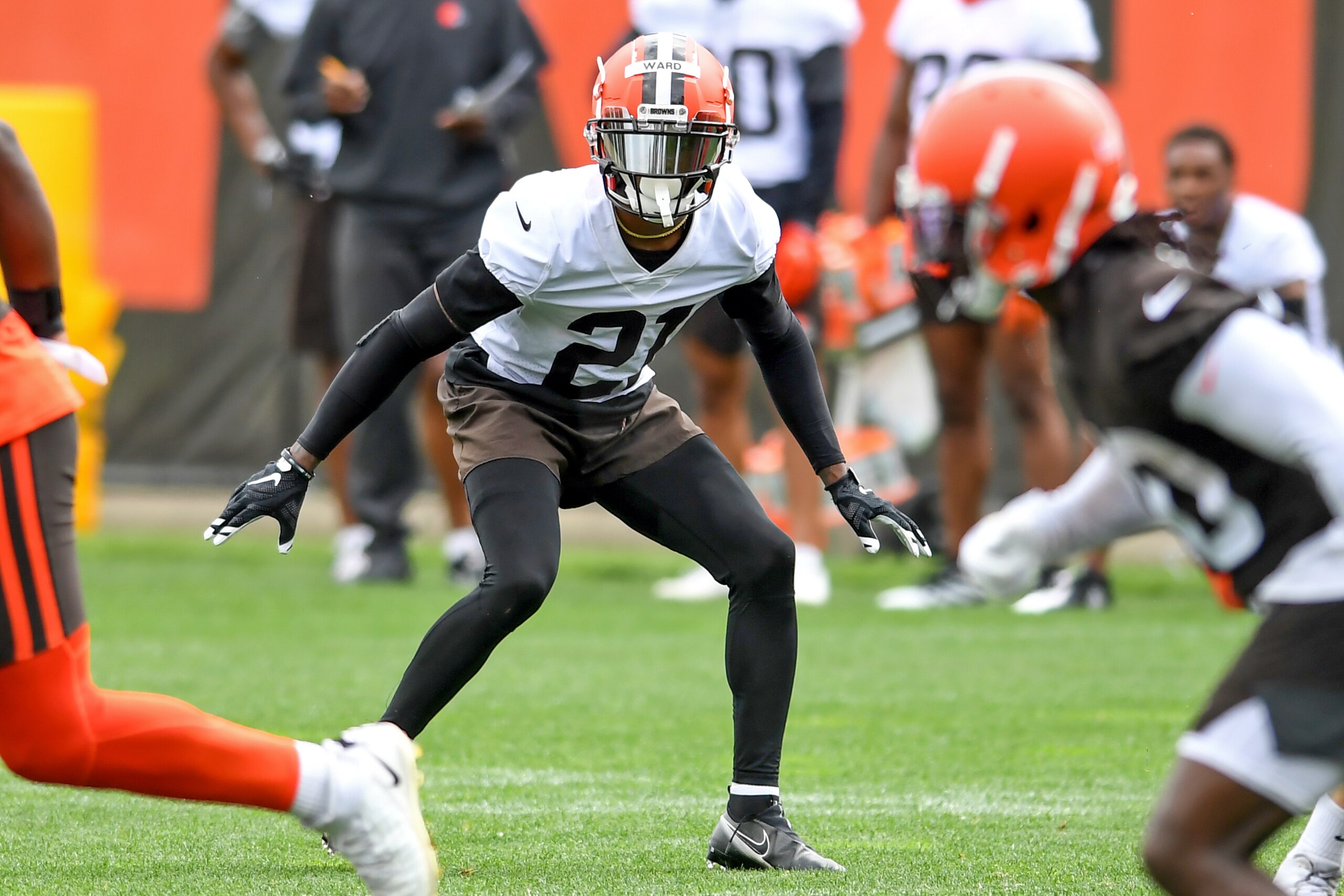 BEREA, OH - JUNE 09: Cornerback Denzel Ward #21 of the Cleveland Browns runs a drill during an OTA at the Cleveland Browns training facility on June 9, 2021 in Berea, Ohio. (Photo by Nick Cammett/Getty Images)