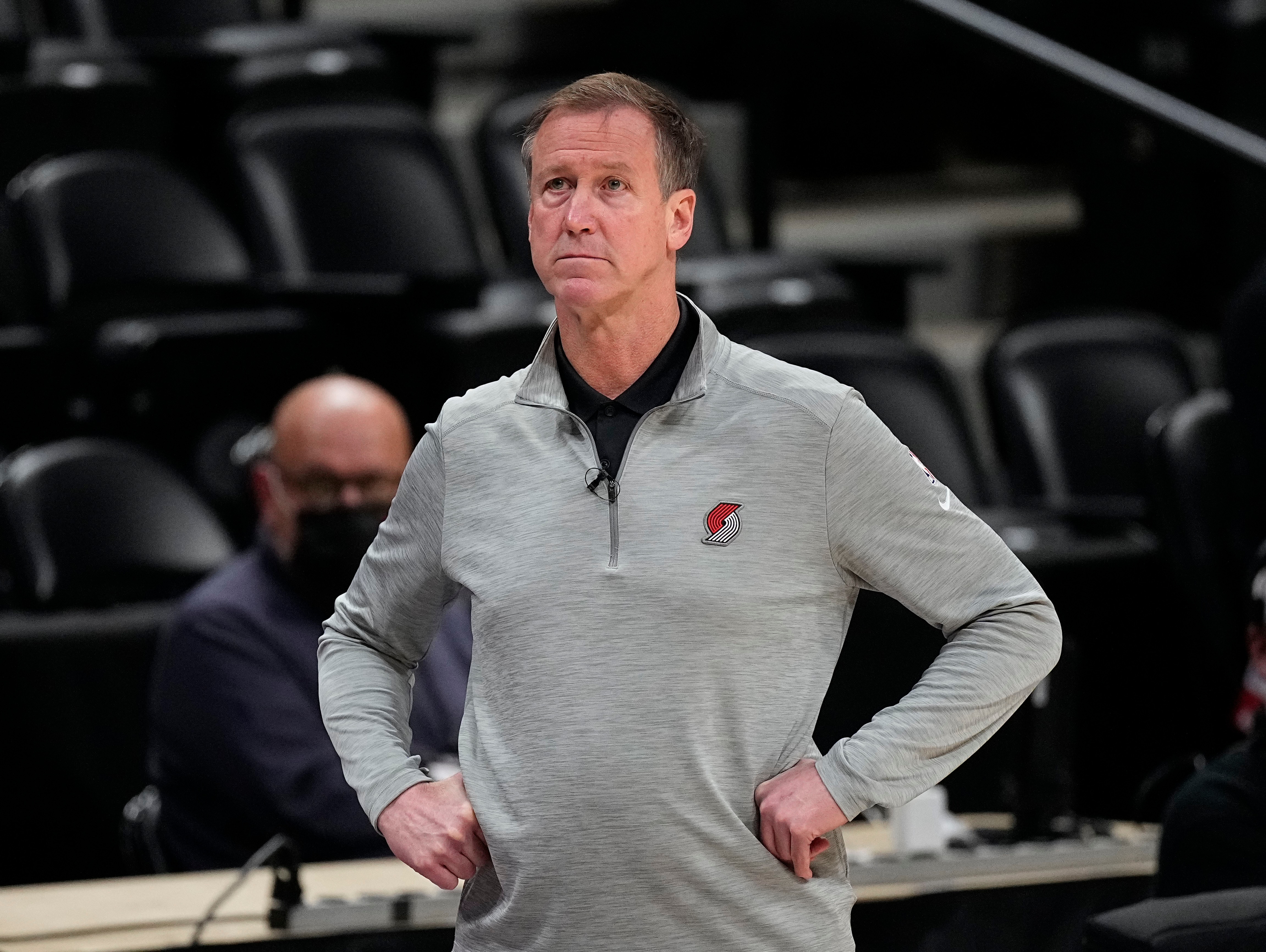 Portland Trail Blazers head coach Terry Stotts looks on against the Denver Nuggets in the first half of Game 1 of a first-round NBA basketball playoff series Saturday, May 22, 2021, in Denver. (AP Photo/Jack Dempsey)