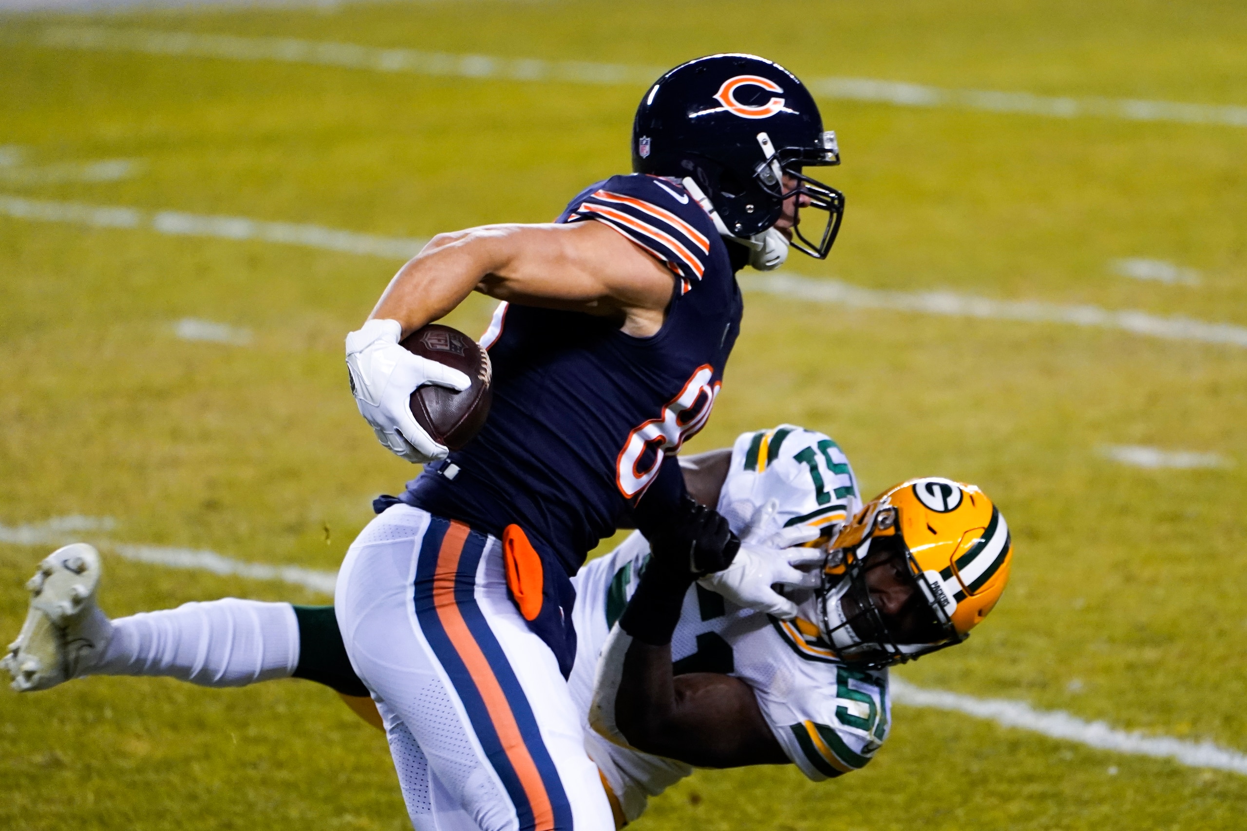 Chicago Bears' Jimmy Graham tries to get past Green Bay Packers' Krys Barnes during the second half of an NFL football game Sunday, Jan. 3, 2021, in Chicago. (AP Photo/Charles Rex Arbogast)