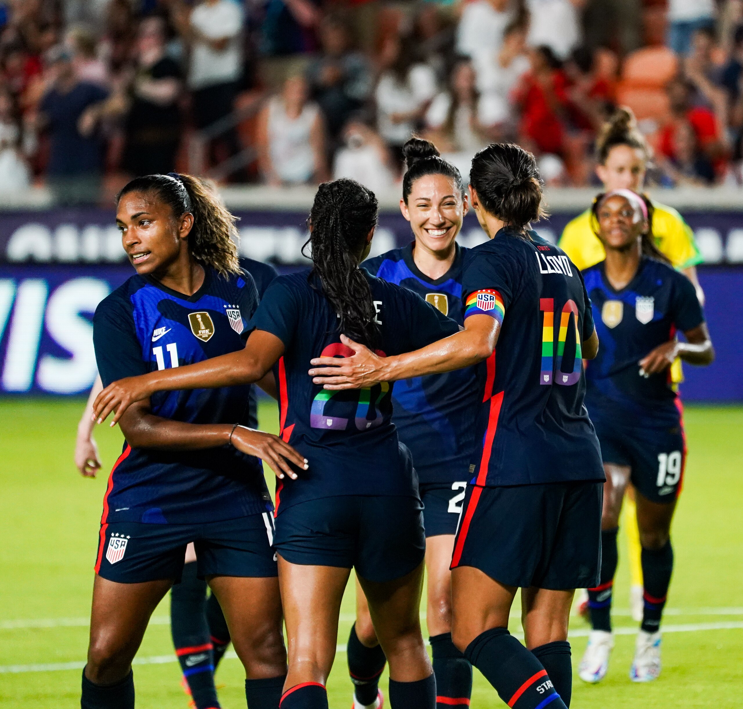 HOUSTON, TX - JUNE 13: Margaret Purce #20 of United States celebrates with Carli Lloyd #10, Christen Press #23 and Catarina Macario #11 after Purces goal during the first half of the 2021 WNT Summer Series friendly between Jamaica and The United States at BBVA Stadium on June 13, 2021 in Houston, Texas. (Photo by Alex Bierens de Haan/Getty Images)