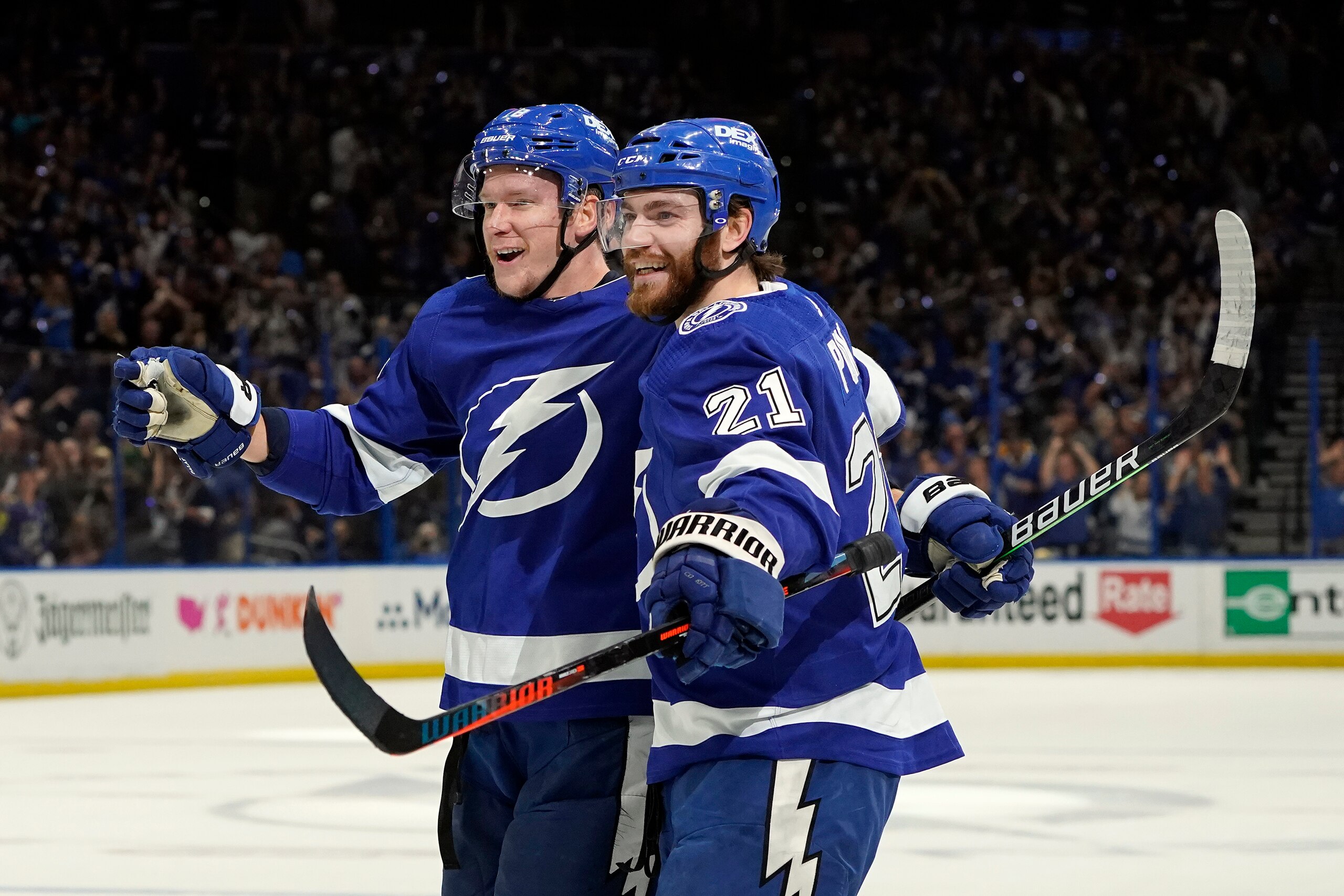 Tampa Bay Lightning left wing Ondrej Palat (18) celebrates his goal against the New York Islanders with center Brayden Point (21) during the second period in Game 2 of an NHL hockey Stanley Cup semifinal playoff series Tuesday, June 15, 2021, in Tampa, Fla. (AP Photo/Chris O'Meara) Tampa Bay Lightning left wing Ondrej Palat (18) celebrates his goal against the New York Islanders with center Brayden Point (21) during the second period in Game 2 of an NHL hockey Stanley Cup semifinal playoff series Tuesday, June 15, 2021, in Tampa, Fla. (AP Photo/Chris O'Meara)
