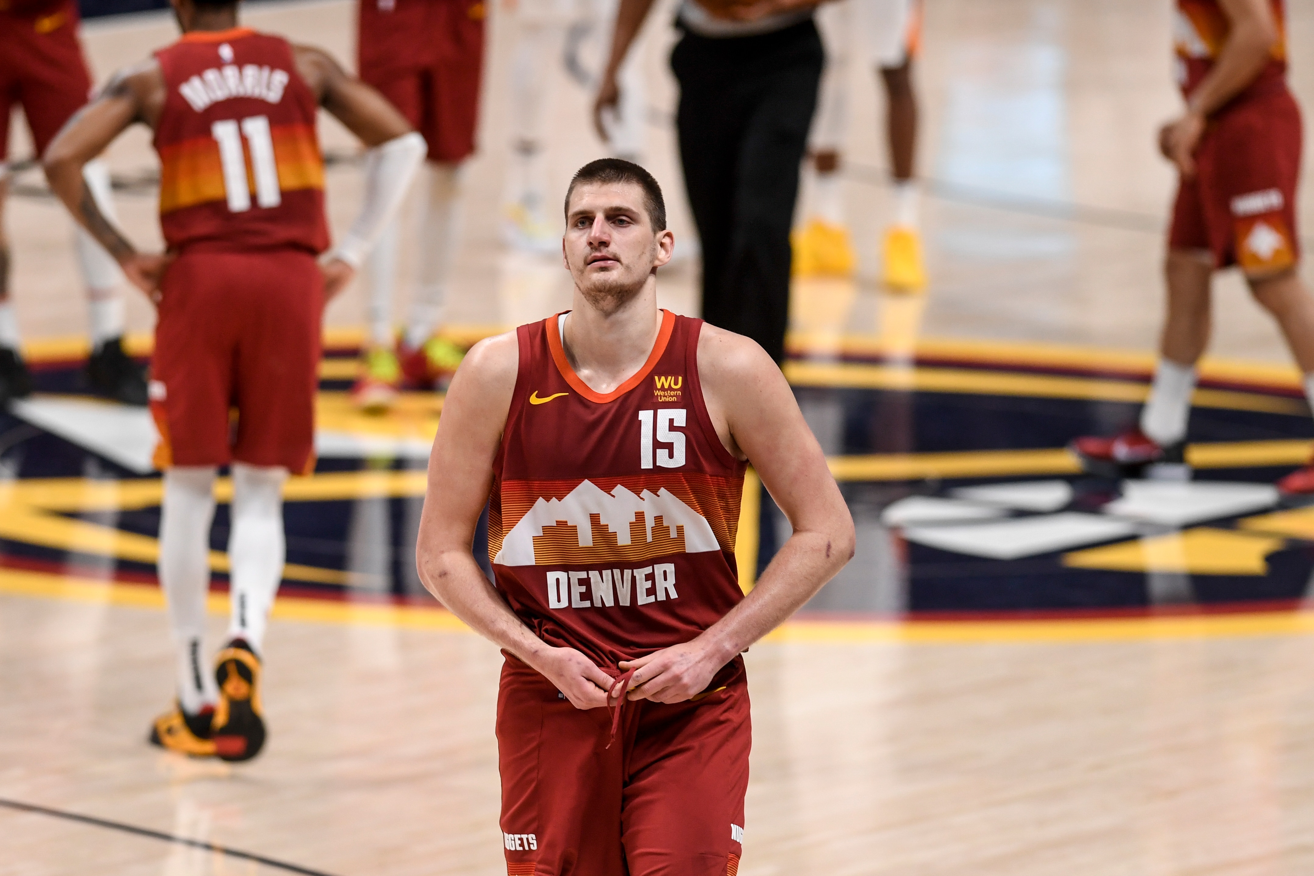 DENVER, CO - JUNE 13: Nikola Jokic (15) of the Denver Nuggets leaves the floor after being ejected following a flagrant foul he committed on Cameron Payne (15) of the Phoenix Suns during the third quarter at Ball Arena on Sunday, June 13, 2021. The Denver Nuggets hosted the Phoenix Suns for game four of their best-of-seven NBA Playoffs series. (Photo by AAron Ontiveroz/MediaNews Group/The Denver Post via Getty Images)