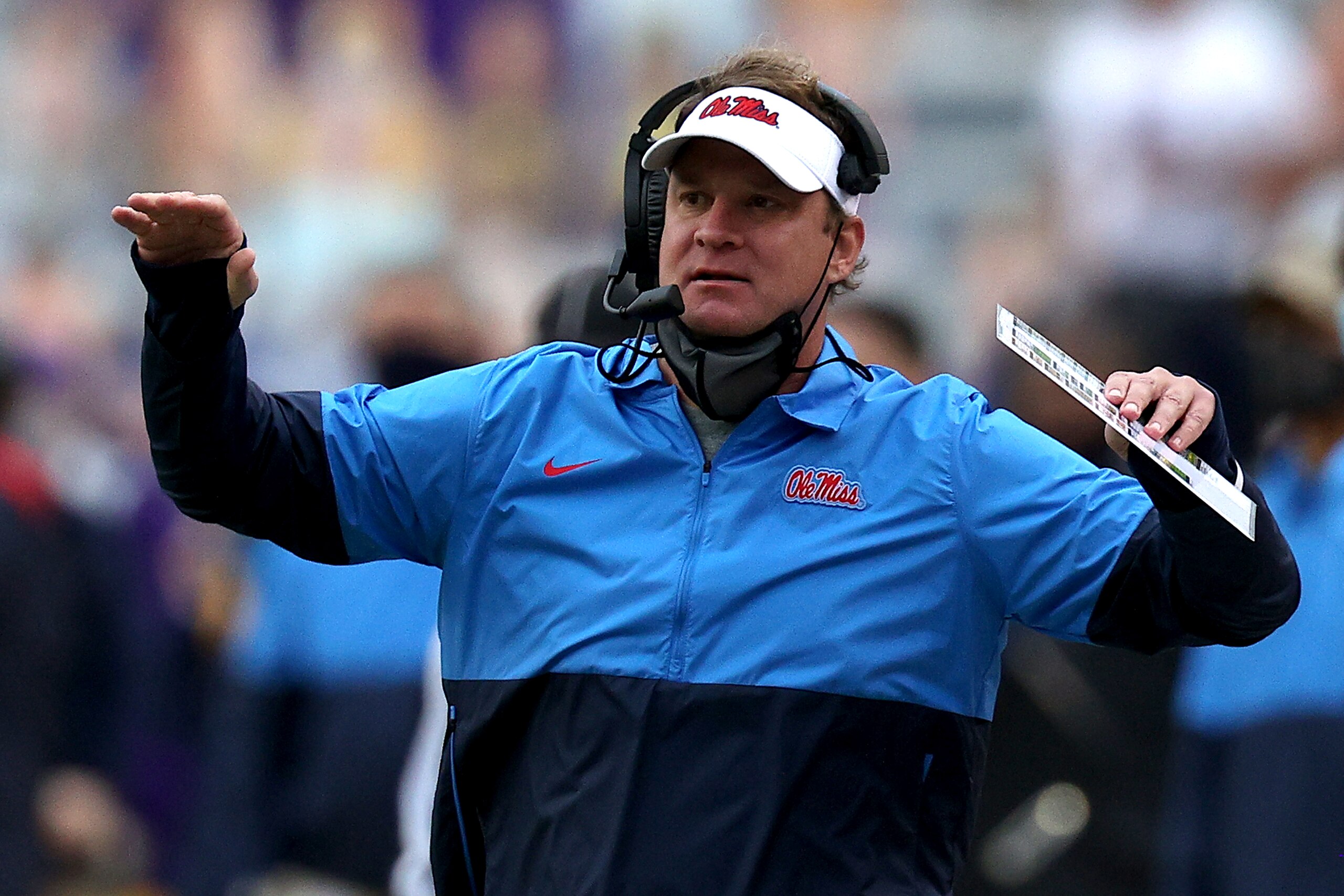 BATON ROUGE, LOUISIANA - DECEMBER 19: Head coach Lane Kiffin of the Mississippi Rebels reacts to a call during a game against the LSU Tigers at Tiger Stadium on December 19, 2020 in Baton Rouge, Louisiana. (Photo by Sean Gardner/Getty Images)