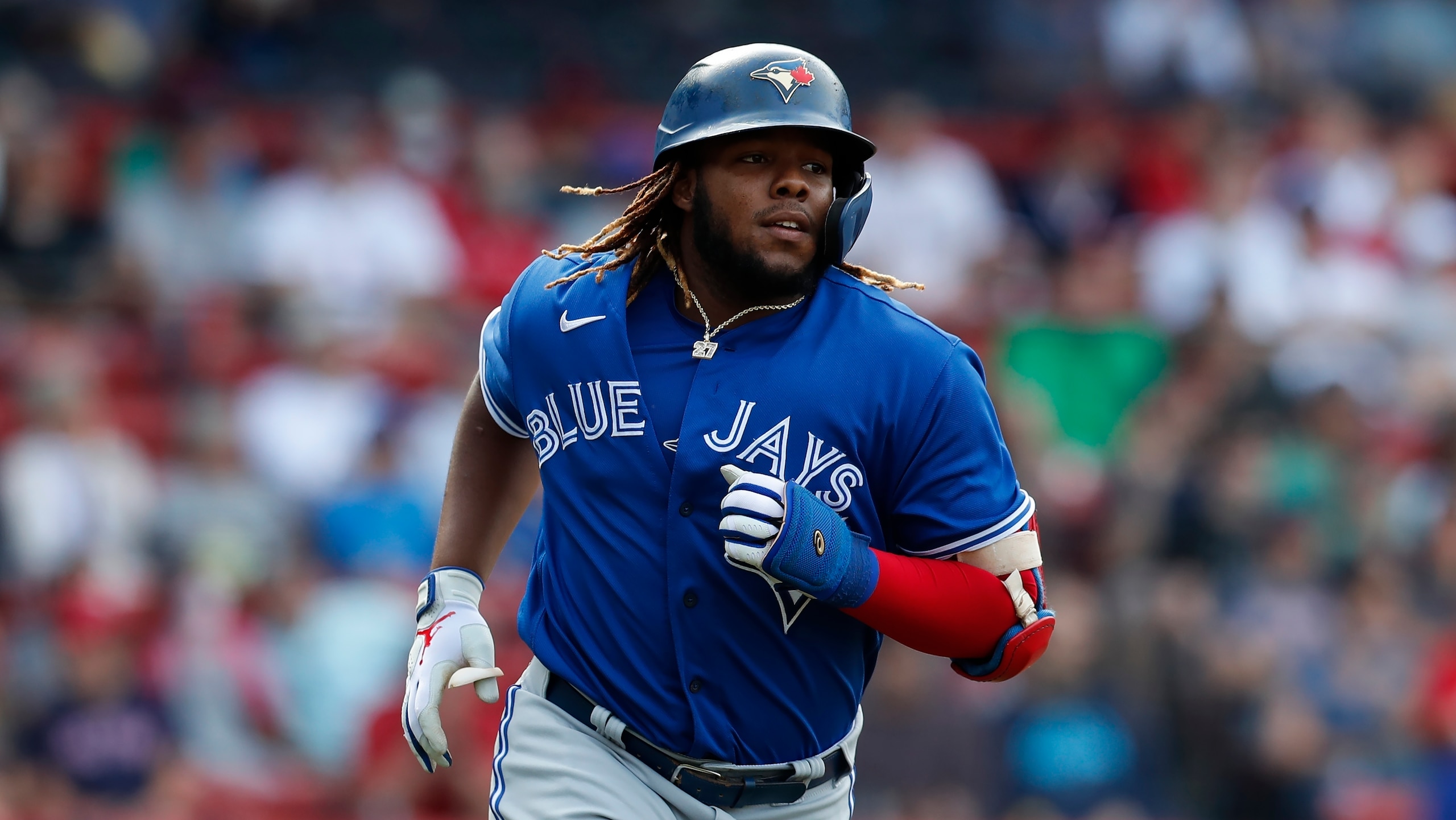 Toronto Blue Jays' Vladimir Guerrero Jr. plays against the Boston Red Sox during the first inning of a baseball game, Saturday, June 12, 2021, in Boston. (AP Photo/Michael Dwyer)