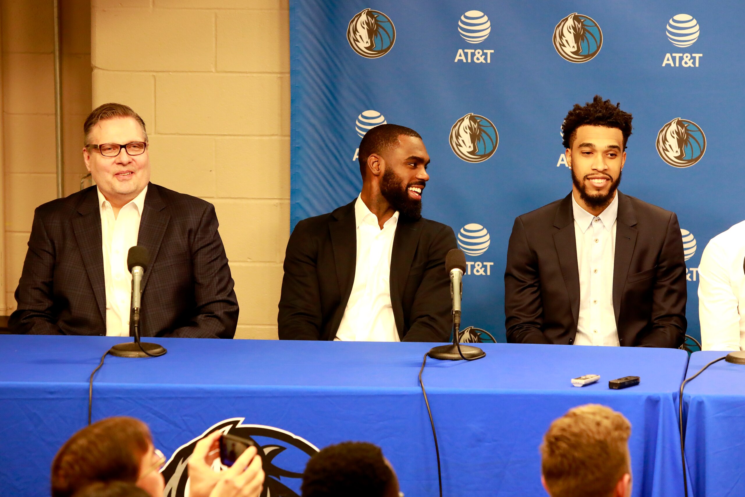 DALLAS, TX - FEBRUARY 4: Newly acquired players Tim Hardaway Jr., Courtney Lee, Trey Burke, and Kristaps Porzingis are introduced by Rick Carlisle of the Dallas Mavericks introductory press conference on Feb 4, 2019 at the American Airlines Center in Dallas, Texas. NOTE TO USER: User expressly acknowledges and agrees that, by downloading and or using this photograph, User is consenting to the terms and conditions of the Getty Images License Agreement. Mandatory Copyright Notice: Copyright 2019 NBAE (Photo by Glenn James/NBAE via Getty Images)