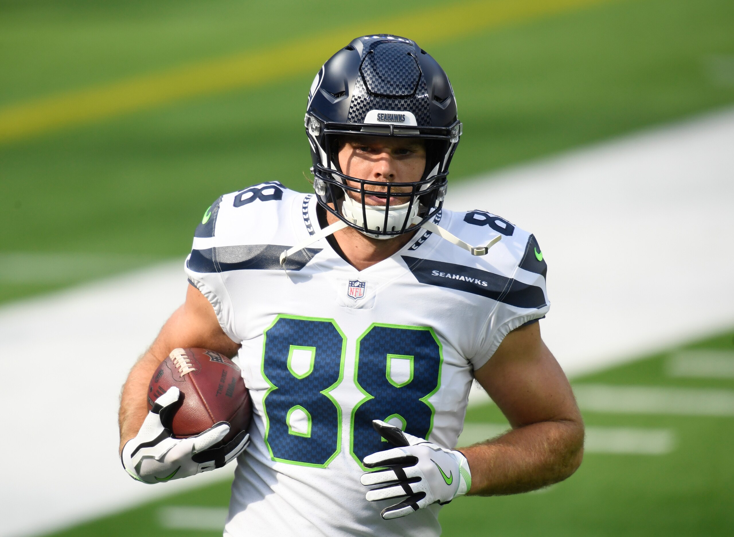 INGLEWOOD, CALIFORNIA - NOVEMBER 15: Greg Olsen #88 of the Seattle Seahawks runs during warm up before the game against the Los Angeles Rams at SoFi Stadium on November 15, 2020 in Inglewood, California. (Photo by Harry How/Getty Images) INGLEWOOD, CALIFORNIA - NOVEMBER 15: Greg Olsen #88 of the Seattle Seahawks runs during warm up before the game against the Los Angeles Rams at SoFi Stadium on November 15, 2020 in Inglewood, California. (Photo by Harry How/Getty Images)