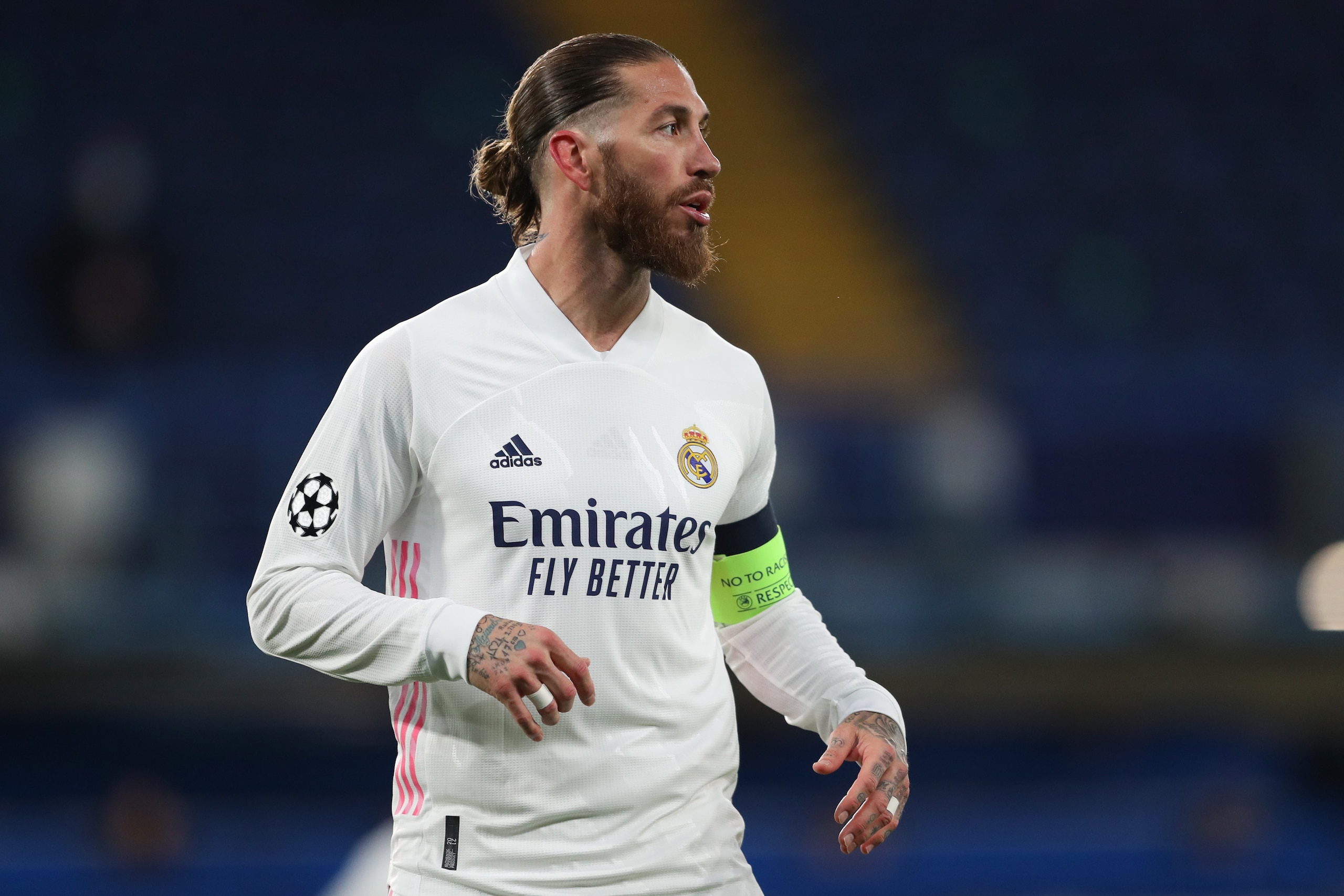 LONDON, ENGLAND - MAY 05: Sergio Ramos of Real Madrid during the UEFA Champions League Semi Final Second Leg match between Chelsea and Real Madrid at Stamford Bridge on May 5, 2021 in London, United Kingdom. Sporting stadiums around Europe remain under strict restrictions due to the Coronavirus Pandemic as Government social distancing laws prohibit fans inside venues resulting in games being played behind closed doors. (Photo by James Williamson - AMA/Getty Images)