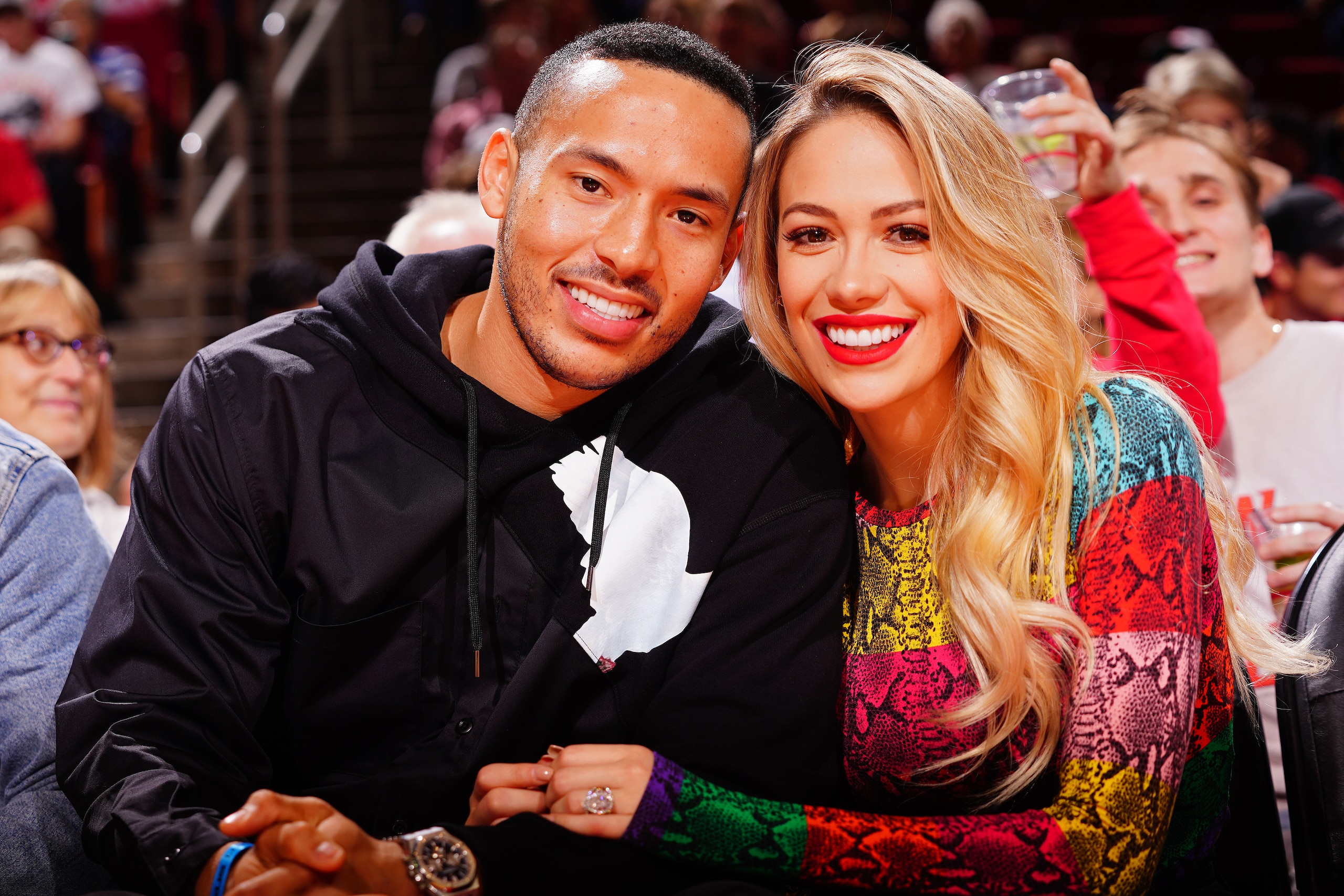 HOUSTON, TX - NOVEMBER 30:  Carlos Correa of the Houston Astros and Daniella Rodriguez attend the game between the Houston Rockets and the Atlanta Hawks on November 30, 2019 at the Toyota Center in Houston, Texas. NOTE TO USER: User expressly acknowledges and agrees that, by downloading and or using this photograph, User is consenting to the terms and conditions of the Getty Images License Agreement. Mandatory Copyright Notice: Copyright 2019 NBAE (Photo by Cato Cataldo/NBAE via Getty Images)