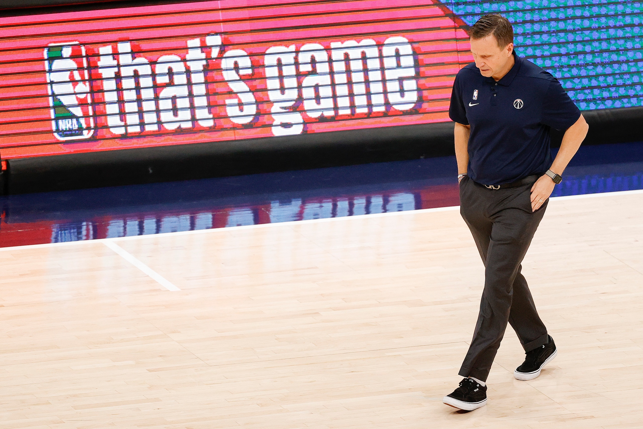 WASHINGTON, DC - MAY 31: Head coach Scott Brooks of the Washington Wizards looks on during the first quarter against the Philadelphia 76ers during Game Four of the Eastern Conference first round series at Capital One Arena on May 31, 2021 in Washington, DC. NOTE TO USER: User expressly acknowledges and agrees that, by downloading and or using this photograph, User is consenting to the terms and conditions of the Getty Images License Agreement. (Photo by Tim Nwachukwu/Getty Images) WASHINGTON, DC - MAY 31: Head coach Scott Brooks of the Washington Wizards looks on during the first quarter against the Philadelphia 76ers during Game Four of the Eastern Conference first round series at Capital One Arena on May 31, 2021 in Washington, DC. NOTE TO USER: User expressly acknowledges and agrees that, by downloading and or using this photograph, User is consenting to the terms and conditions of the Getty Images License Agreement. (Photo by Tim Nwachukwu/Getty Images)