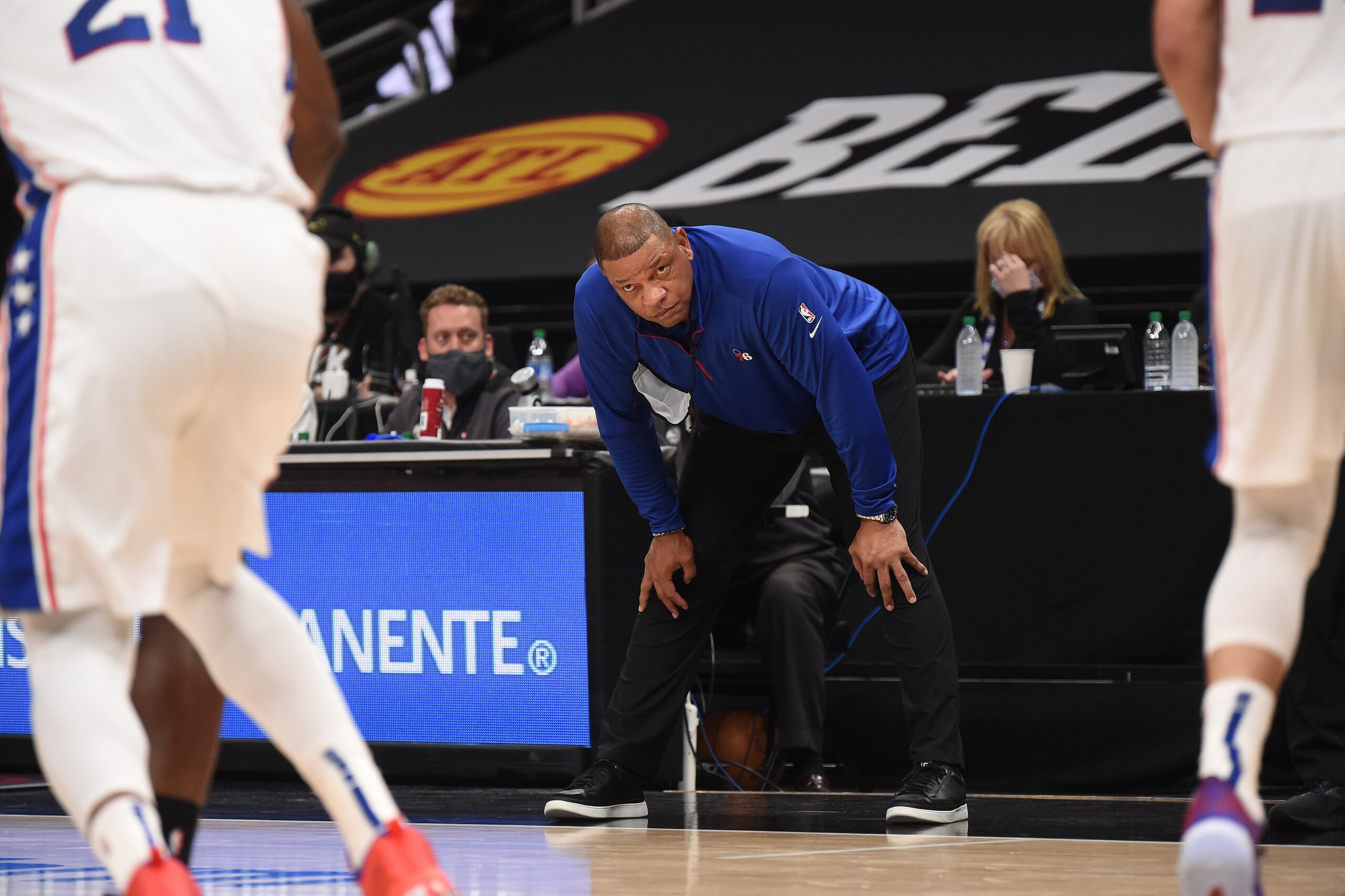 ATLANTA, GA - JUNE 14: Head Coach Doc Rivers of the Philadelphia 76ers looks on during Round 2, Game 4 of the Eastern Conference Playoffs on June 14, 2021 at State Farm Arena in Atlanta, Georgia. NOTE TO USER: User expressly acknowledges and agrees that, by downloading and/or using this Photograph, user is consenting to the terms and conditions of the Getty Images License Agreement. Mandatory Copyright Notice: Copyright 2021 NBAE (Photo by David Dow/NBAE via Getty Images)