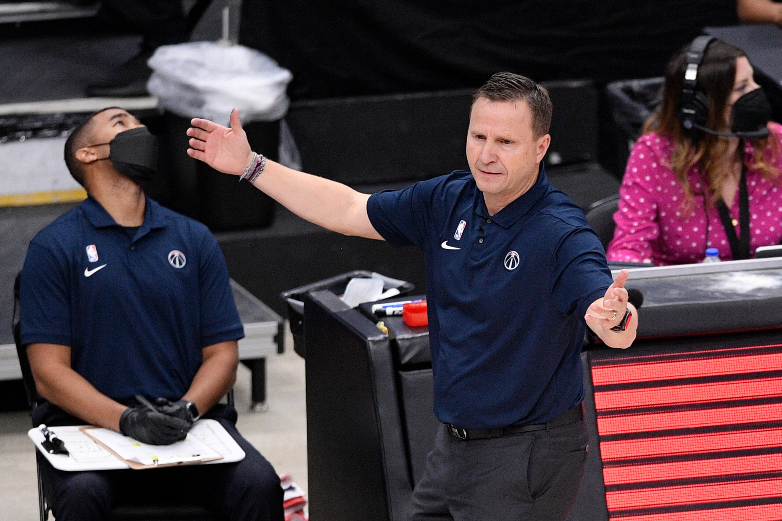 Washington Wizards head coach Scott Brooks gestures during the second half of Game 4 in a first-round NBA basketball playoff series against the Philadelphia 76ers, Monday, May 31, 2021, in Washington. (AP Photo/Nick Wass)