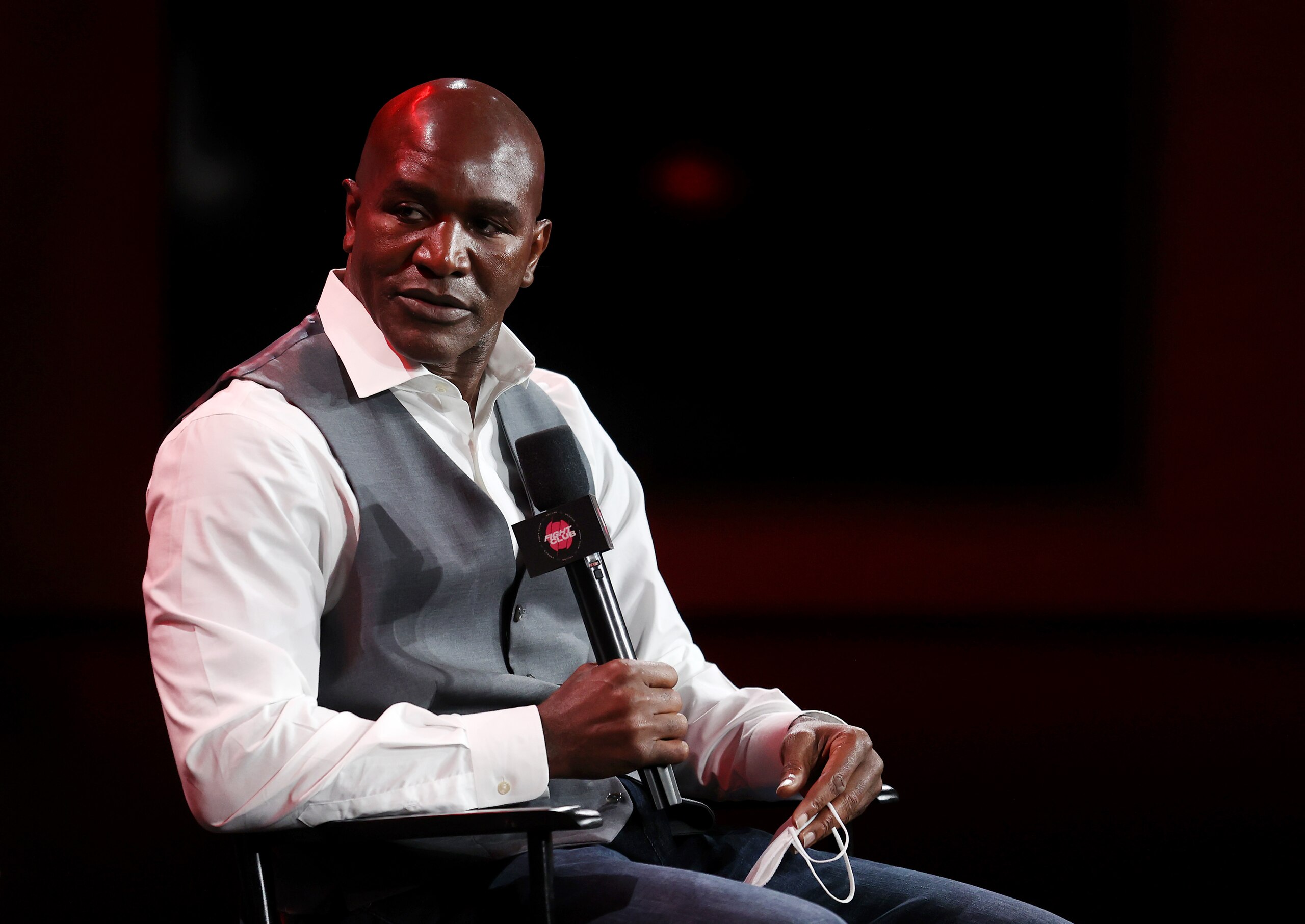 ATLANTA, GEORGIA - APRIL 16: Evander Holyfield looks on during a press conference for Triller Fight Club at Mercedes-Benz Stadium on April 16, 2021 in Atlanta, Georgia ahead of his June 5 exhibition fight against Kevin McBride. (Photo by Al Bello/Getty Images for Triller)