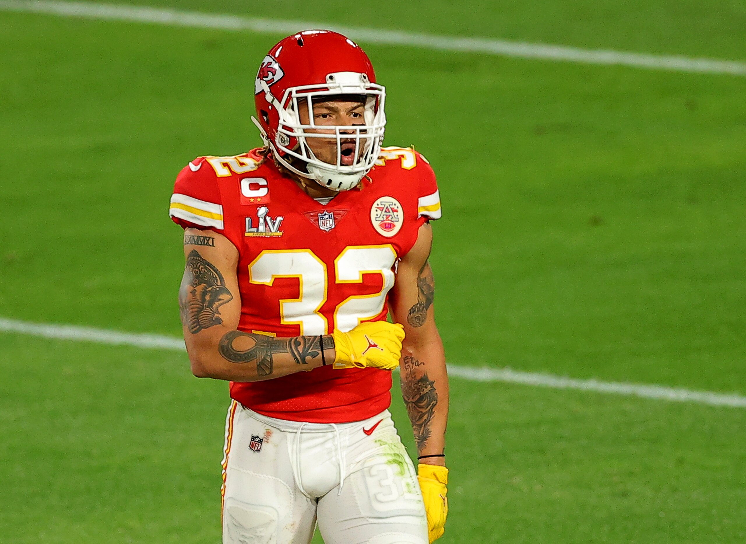 TAMPA, FLORIDA - FEBRUARY 07: Tyrann Mathieu #32 of the Kansas City Chiefs reacts in the second quarter against the Tampa Bay Buccaneers in Super Bowl LV at Raymond James Stadium on February 07, 2021 in Tampa, Florida. (Photo by Kevin C. Cox/Getty Images)