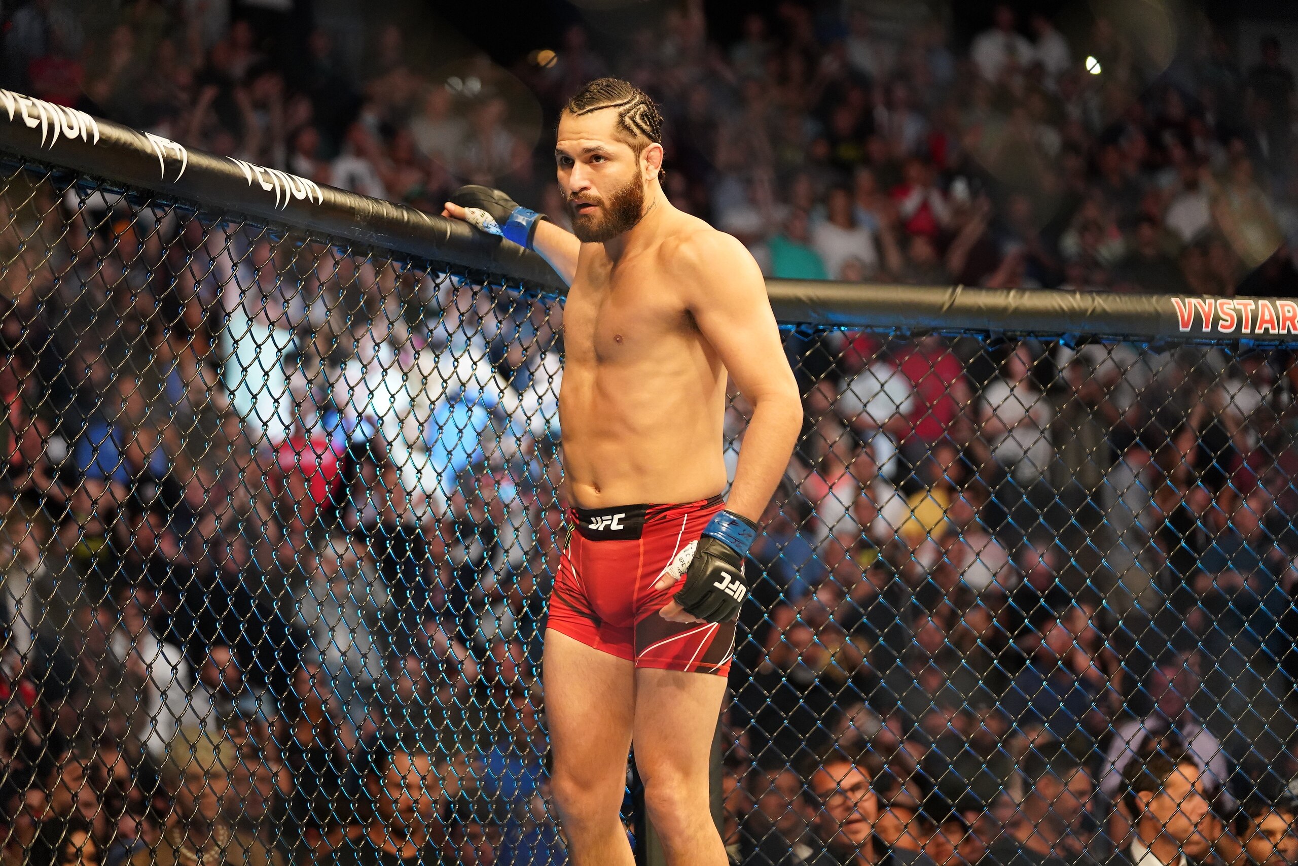 JACKSONVILLE, FL - APRIL 24: Jorge Masvidal before his fight against  Kamaru Usman in the octagon for a 5 round welterweight bout during the UFC 261: Usman vs Masvidal 2 Event at VyStar Veterans Memorial Arena on April 24, 2021 in Jacksonville, Florida. (Photo by Louis Grasse/PxImages/Icon Sportswire via Getty Images)