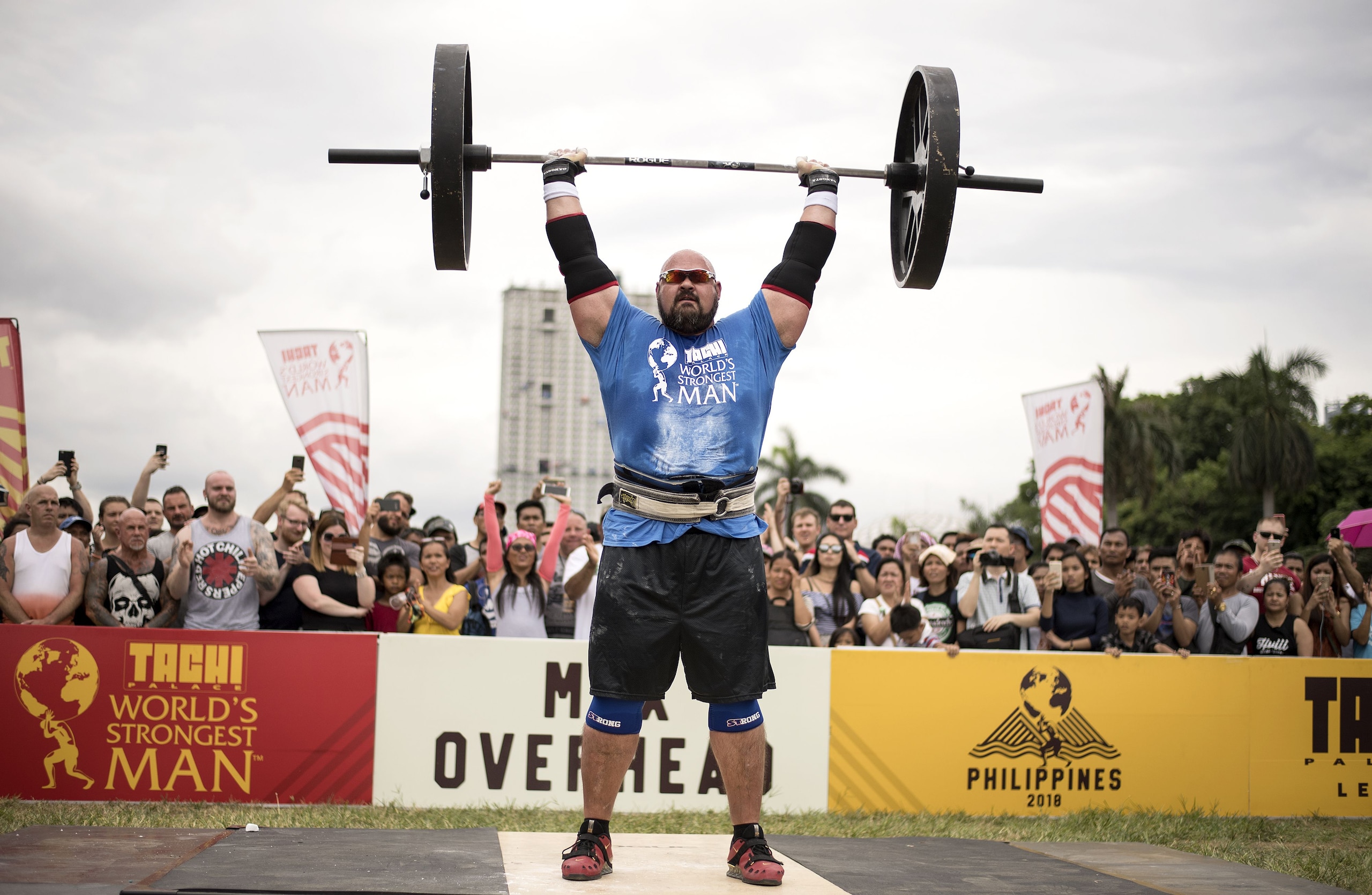 Brian Shaw of the US lifts weights during the Max Overhead competition of the 2018 Worlds Strongest Man in Manila on May 5, 2018. (Photo by NOEL CELIS / AFP) / RESTRICTED TO EDITORIAL USE        (Photo credit should read NOEL CELIS/AFP via Getty Images)
