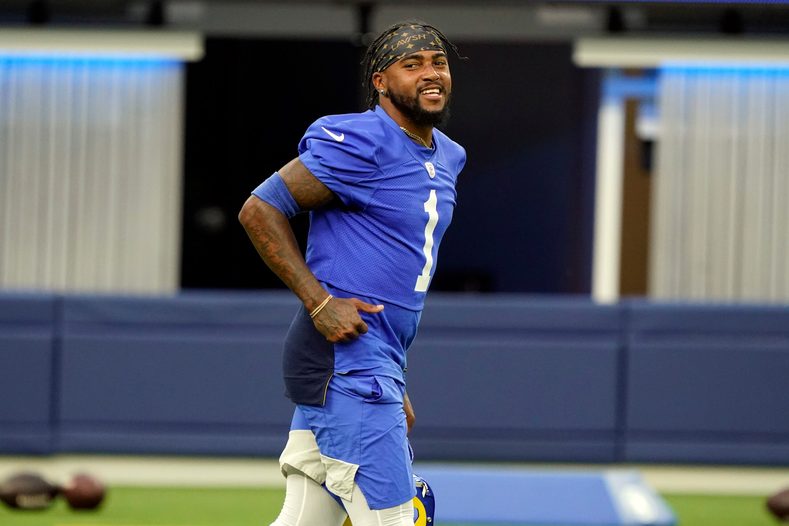 Los Angeles Rams wide receiver DeSean Jackson smiles during NFL football practice Thursday, June 10, 2021, in Inglewood, Calif. (AP Photo/Marcio Jose Sanchez)