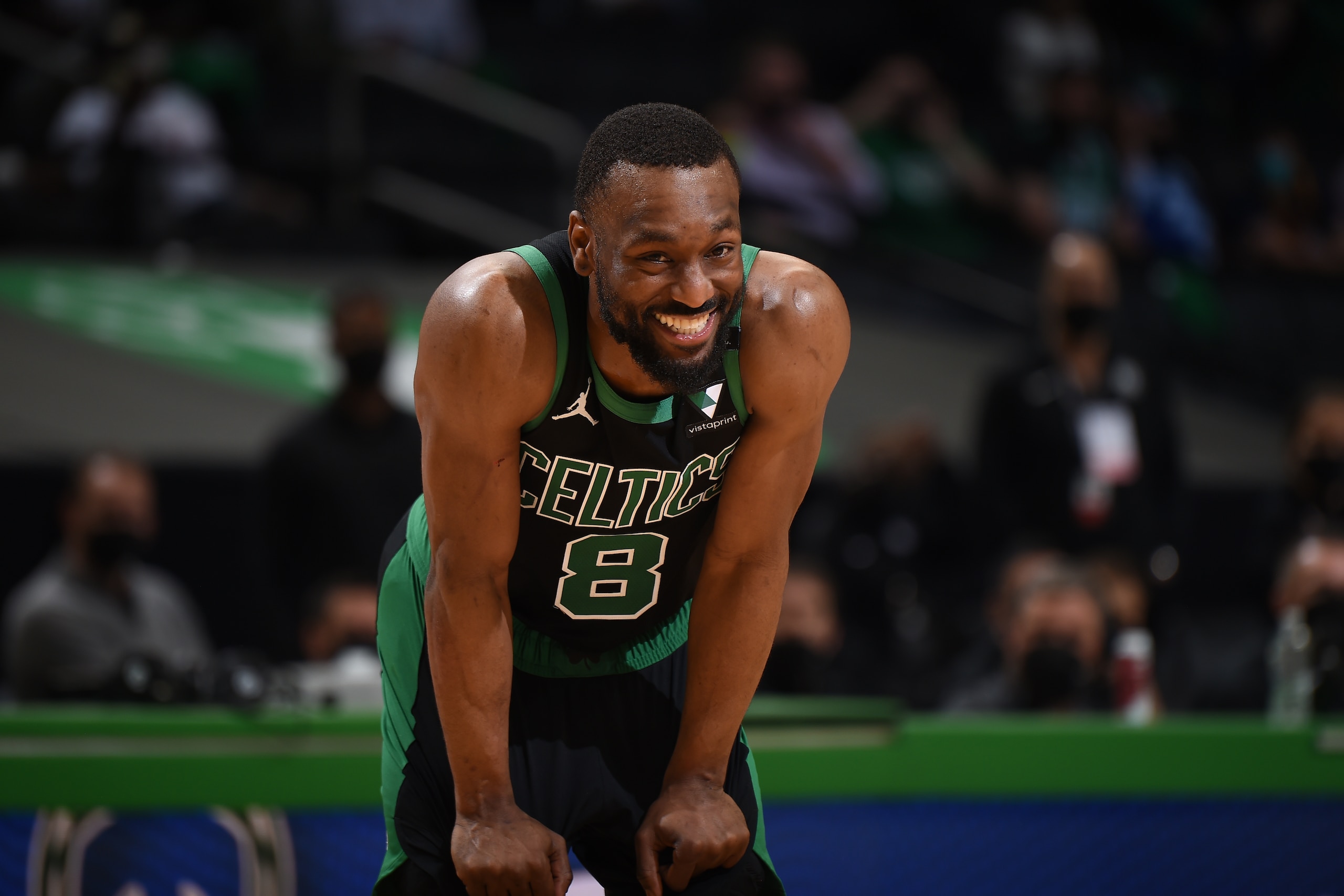 BOSTON, MA - MAY 28: Kemba Walker #8 of the Boston Celtics smiles during the game against the Brooklyn Nets during Round 1, Game 3 of the 2021 NBA Playoffs on May 28, 2021 at the TD Garden in Boston, Massachusetts. NOTE TO USER: User expressly acknowledges and agrees that, by downloading and or using this photograph, User is consenting to the terms and conditions of the Getty Images License Agreement. Mandatory Copyright Notice: Copyright 2021 NBAE (Photo by Brian Babineau/NBAE via Getty Images) BOSTON, MA - MAY 28: Kemba Walker #8 of the Boston Celtics smiles during the game against the Brooklyn Nets during Round 1, Game 3 of the 2021 NBA Playoffs on May 28, 2021 at the TD Garden in Boston, Massachusetts. NOTE TO USER: User expressly acknowledges and agrees that, by downloading and or using this photograph, User is consenting to the terms and conditions of the Getty Images License Agreement. Mandatory Copyright Notice: Copyright 2021 NBAE (Photo by Brian Babineau/NBAE via Getty Images)