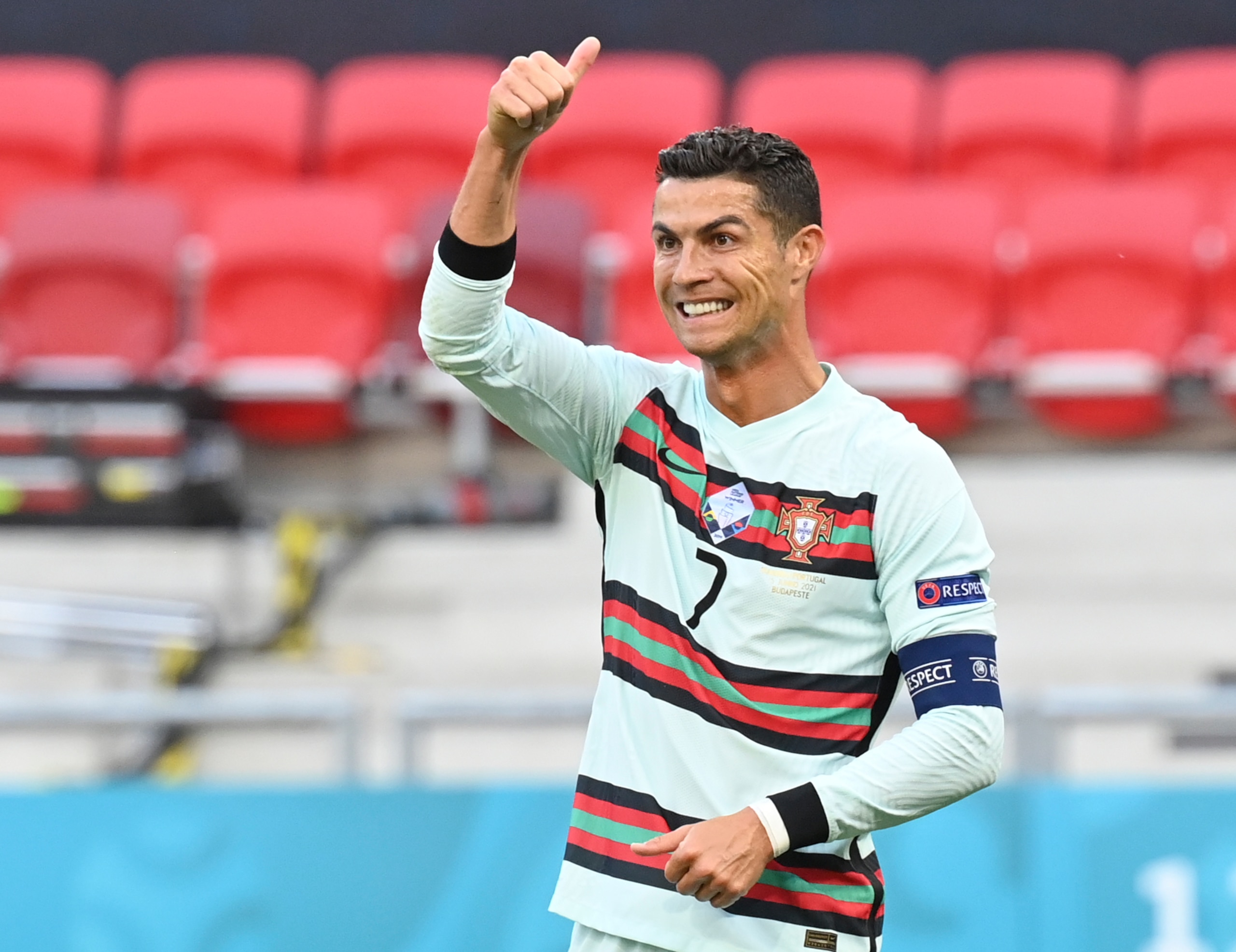 Portugal's Cristiano Ronaldo reacts during the Euro 2020 soccer championship group F match between Hungary and Portugal at the Ferenc Puskas stadium in Budapest, Hungary, Tuesday, June 15, 2021. (Tibor Illyes/Pool via AP)