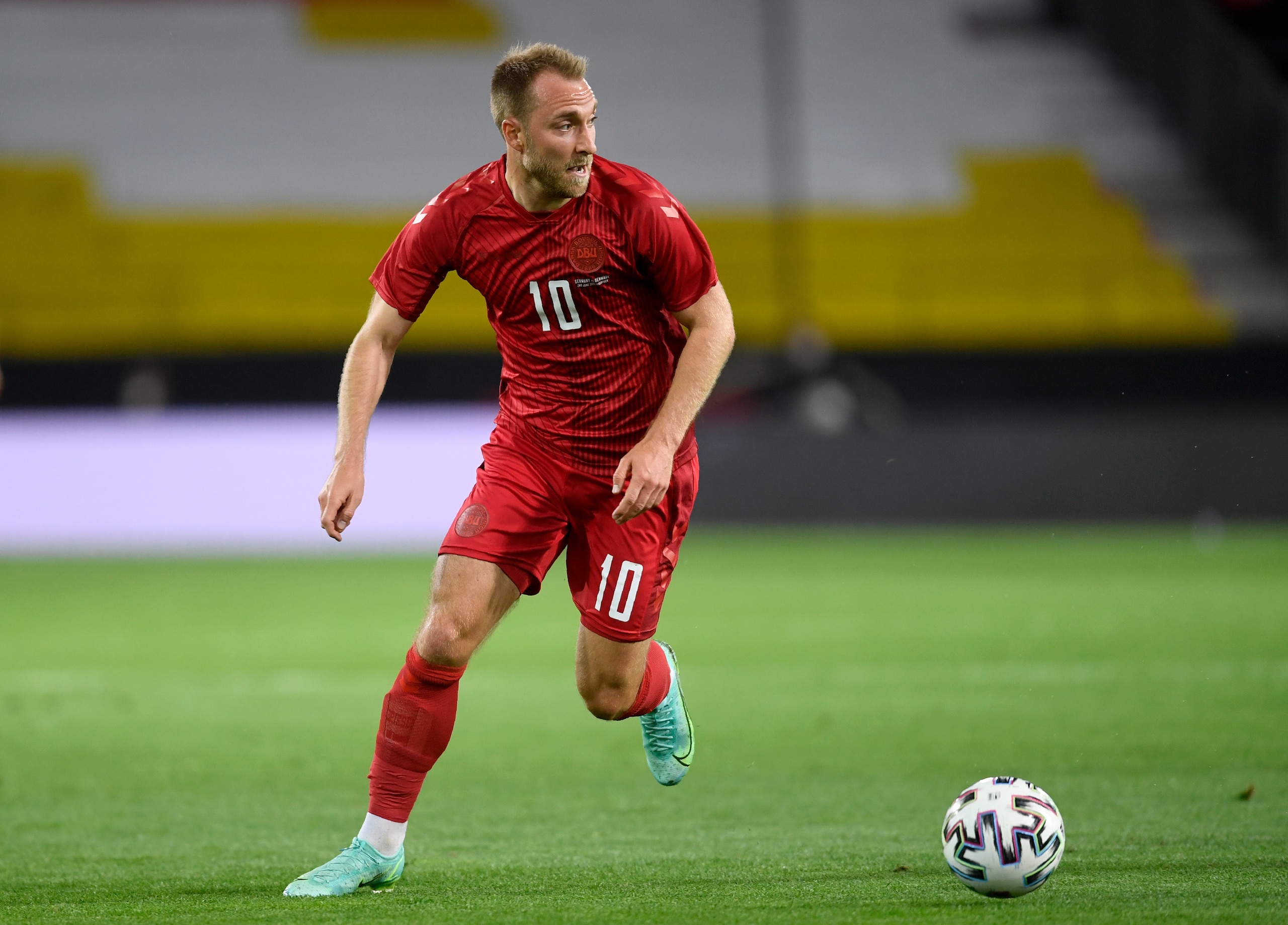 Denmark's Christian Eriksen during the international friendly soccer match between Germany and Denmark at the Tivoli Stadion Tirol in Innsbruck, Austria, Wednesday, June 2, 2021. (AP Photo/Andreas Schaad)