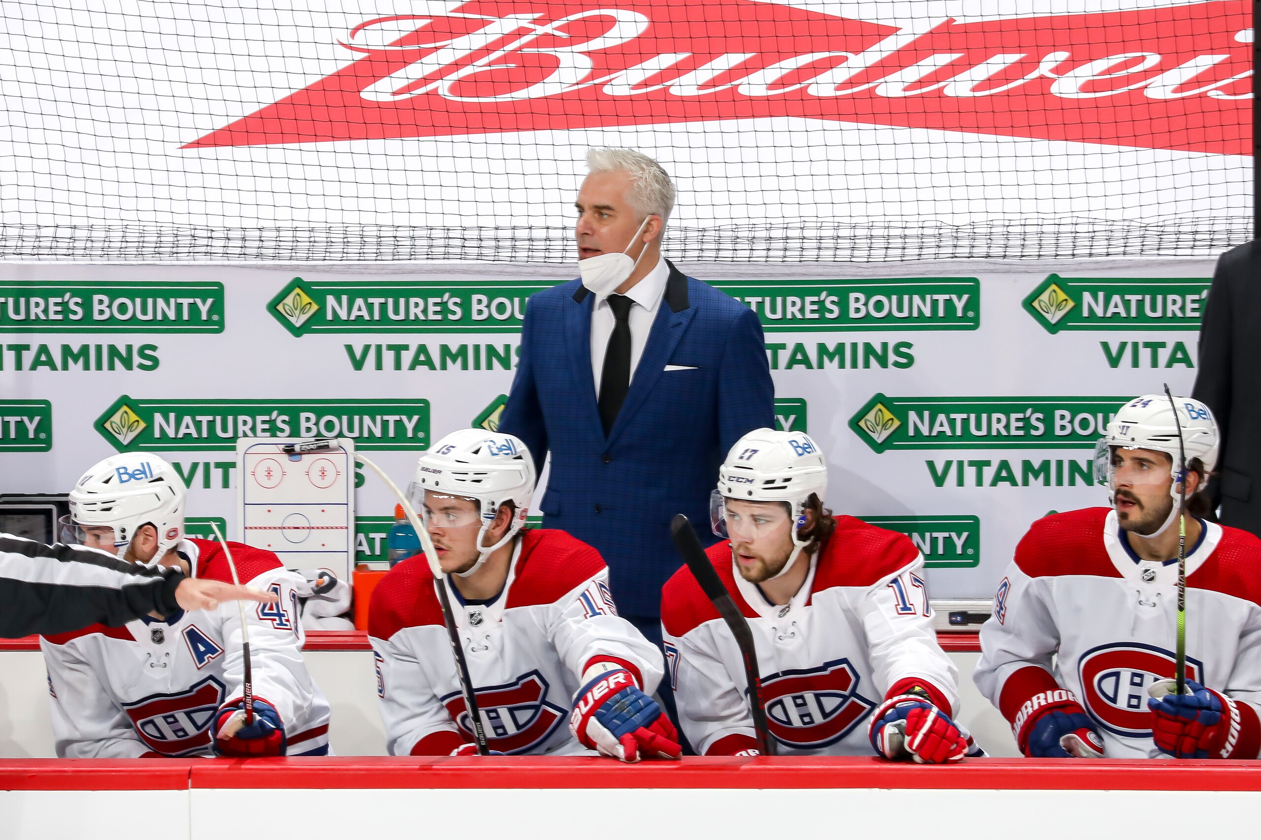 WINNIPEG, MB - JUNE 4: Head Coach Dominique Ducharme of the Montreal Canadiens keeps an eye on the play during first period action against the Winnipeg Jets in Game Two of the Second Round of the 2021 Stanley Cup Playoffs at the Bell MTS Place on June 4, 2021 in Winnipeg, Manitoba, Canada. (Photo by Jonathan Kozub/NHLI via Getty Images)