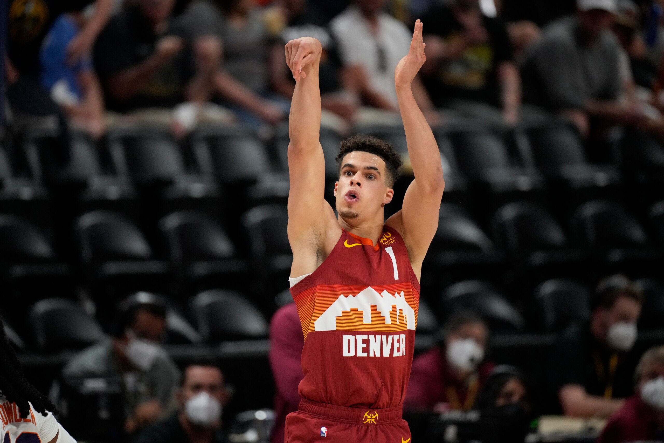 Denver Nuggets forward Michael Porter Jr. (1) in the second half of Game 4 of an NBA second-round playoff series Sunday, June 13, 2021, in Denver. (AP Photo/David Zalubowski)