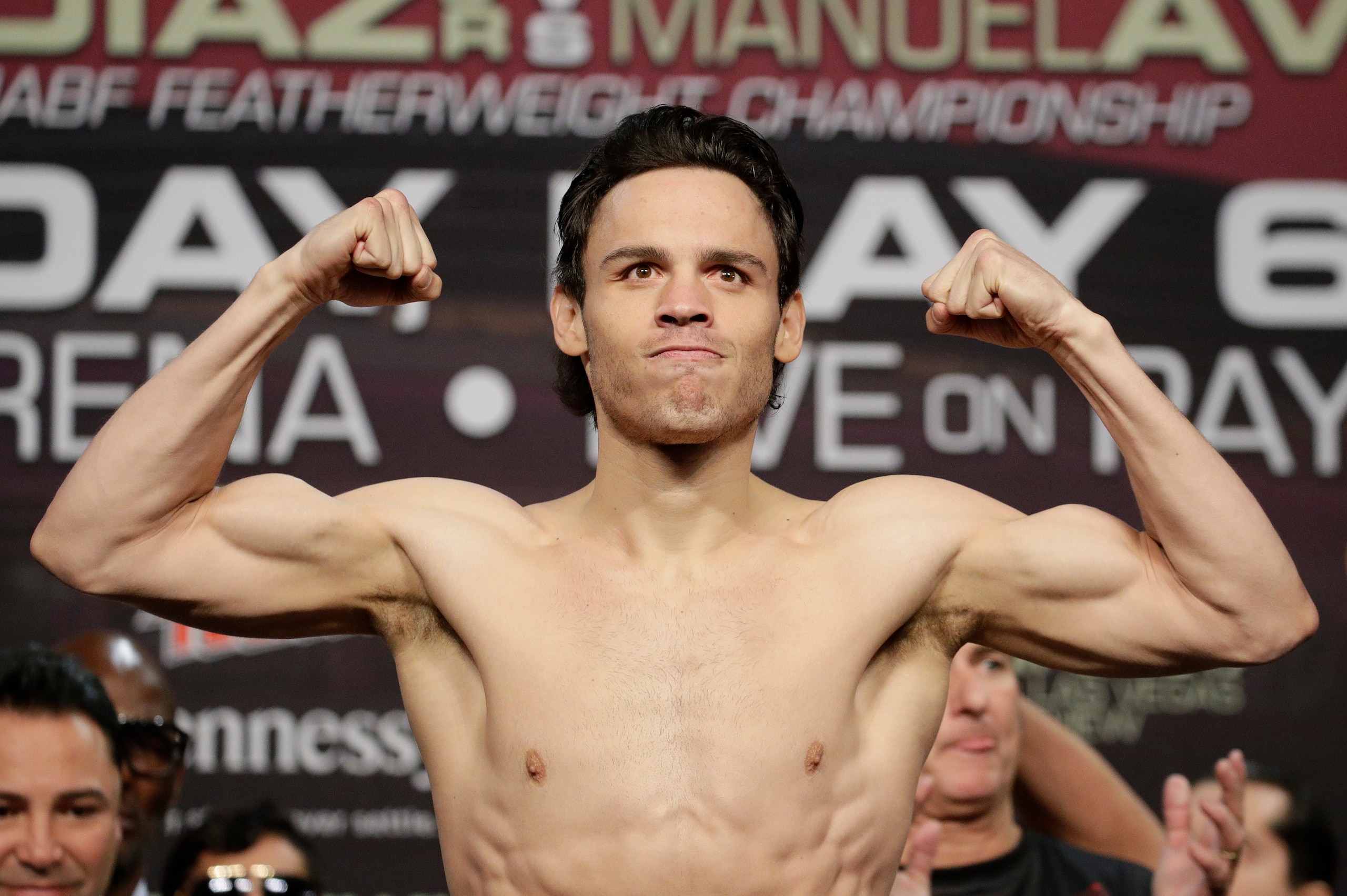 Julio Cesar Chavez Jr. poses for photographers during a weigh-in Friday, May 5, 2017, in Las Vegas. Chavez Jr. is scheduled to fight Canelo Alvarez in a boxing match Saturday in Las Vegas. (AP Photo/John Locher)