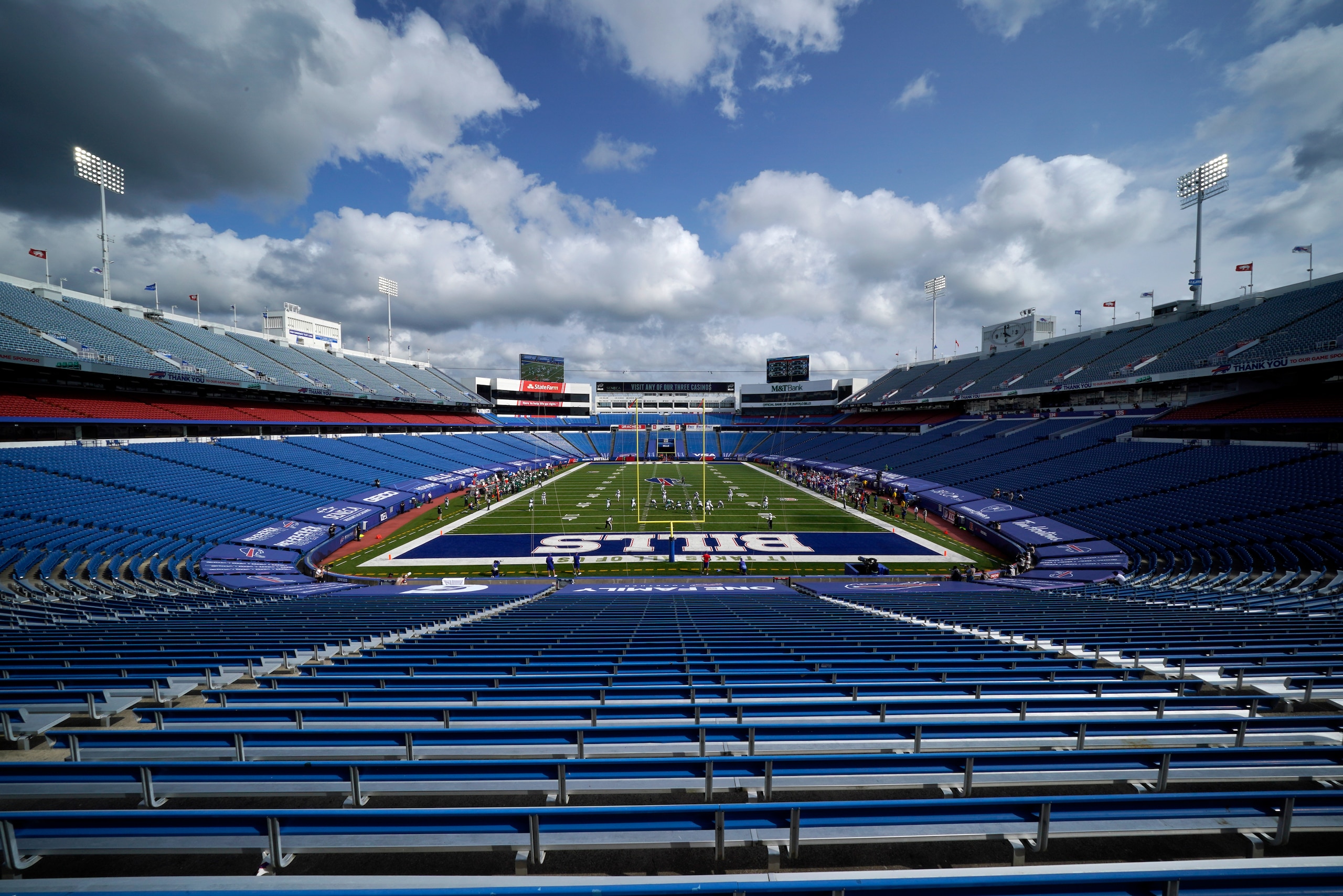 The Buffalo Bills open the second half of an NFL football game against the New York Jets at New Era Stadium in Orchard Park, N.Y., Sunday, Sept. 13, 2020. The Bills won 27-17.(AP Photo/Gene J. Puskar)