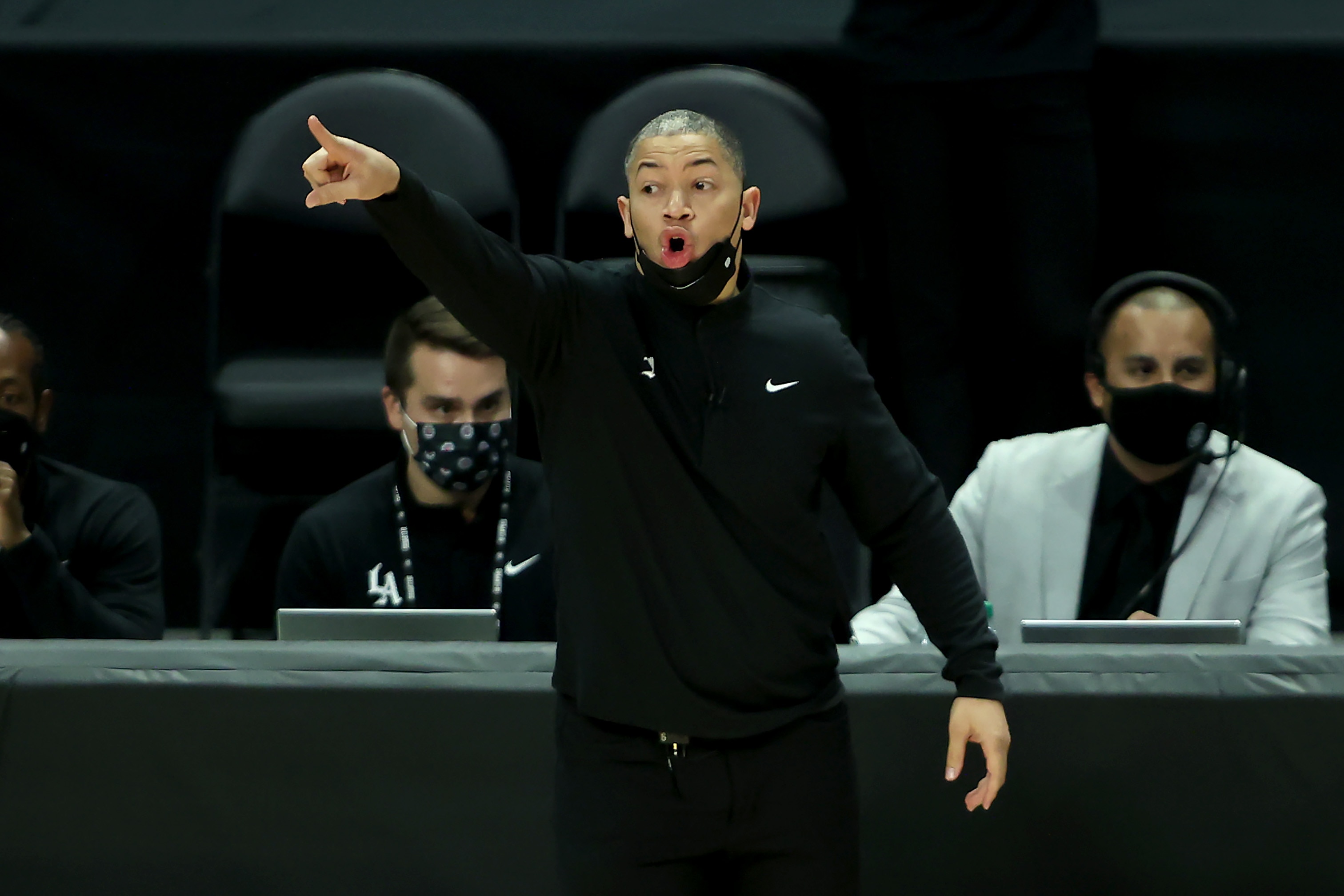 LOS ANGELES, CALIFORNIA - JUNE 12: Head coach Tyronn Lue motions to his team during the second half of a game against the Utah Jazz at Staples Center on June 12, 2021 in Los Angeles, California.  NOTE TO USER: User expressly acknowledges and agrees that, by downloading and or using this photograph, User is consenting to the terms and conditions of the Getty Images License Agreement.  (Photo by Sean M. Haffey/Getty Images)