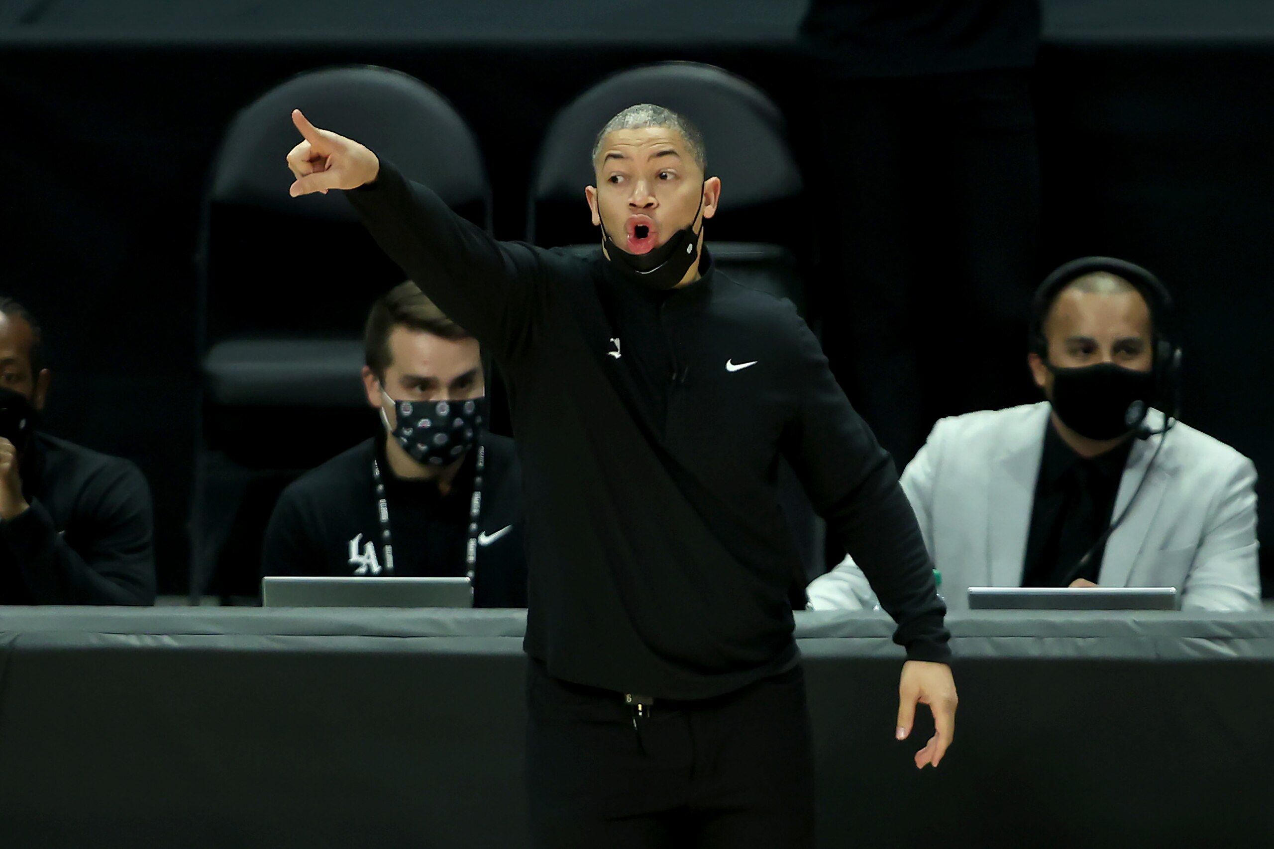 LOS ANGELES, CALIFORNIA - JUNE 12: Head coach Tyronn Lue motions to his team during the second half of a game against the Utah Jazz at Staples Center on June 12, 2021 in Los Angeles, California.  NOTE TO USER: User expressly acknowledges and agrees that, by downloading and or using this photograph, User is consenting to the terms and conditions of the Getty Images License Agreement.  (Photo by Sean M. Haffey/Getty Images)
