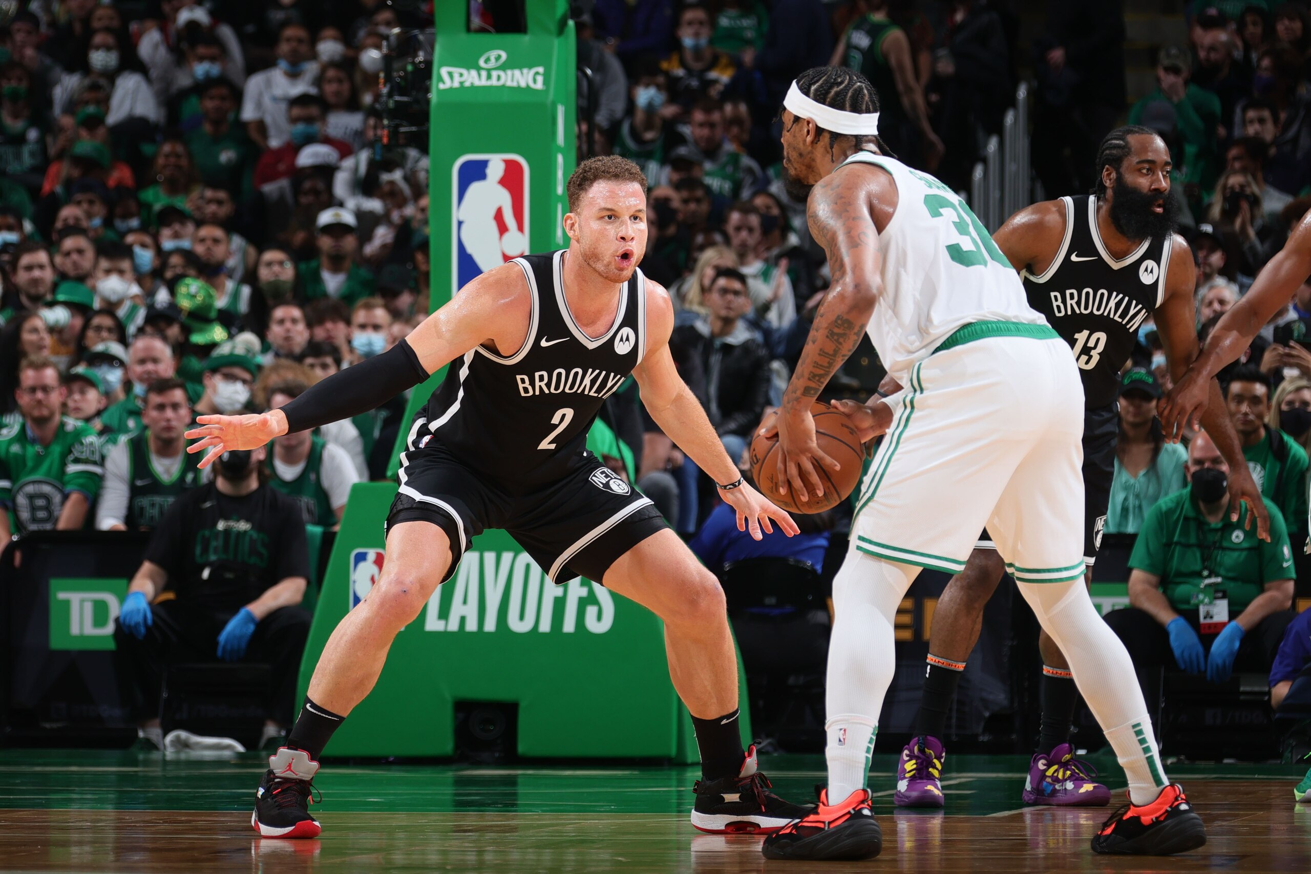 BOSTON, MA - MAY 30: Blake Griffin #2 of the Brooklyn Nets plays defense on Marcus Smart #36 of the Boston Celtics during Round 1, Game 4 of the 2021 NBA Playoffs on May 30, 2021 at the TD Garden in Boston, Massachusetts.  NOTE TO USER: User expressly acknowledges and agrees that, by downloading and or using this photograph, User is consenting to the terms and conditions of the Getty Images License Agreement. Mandatory Copyright Notice: Copyright 2021 NBAE  (Photo by Nathaniel S. Butler/NBAE via Getty Images)