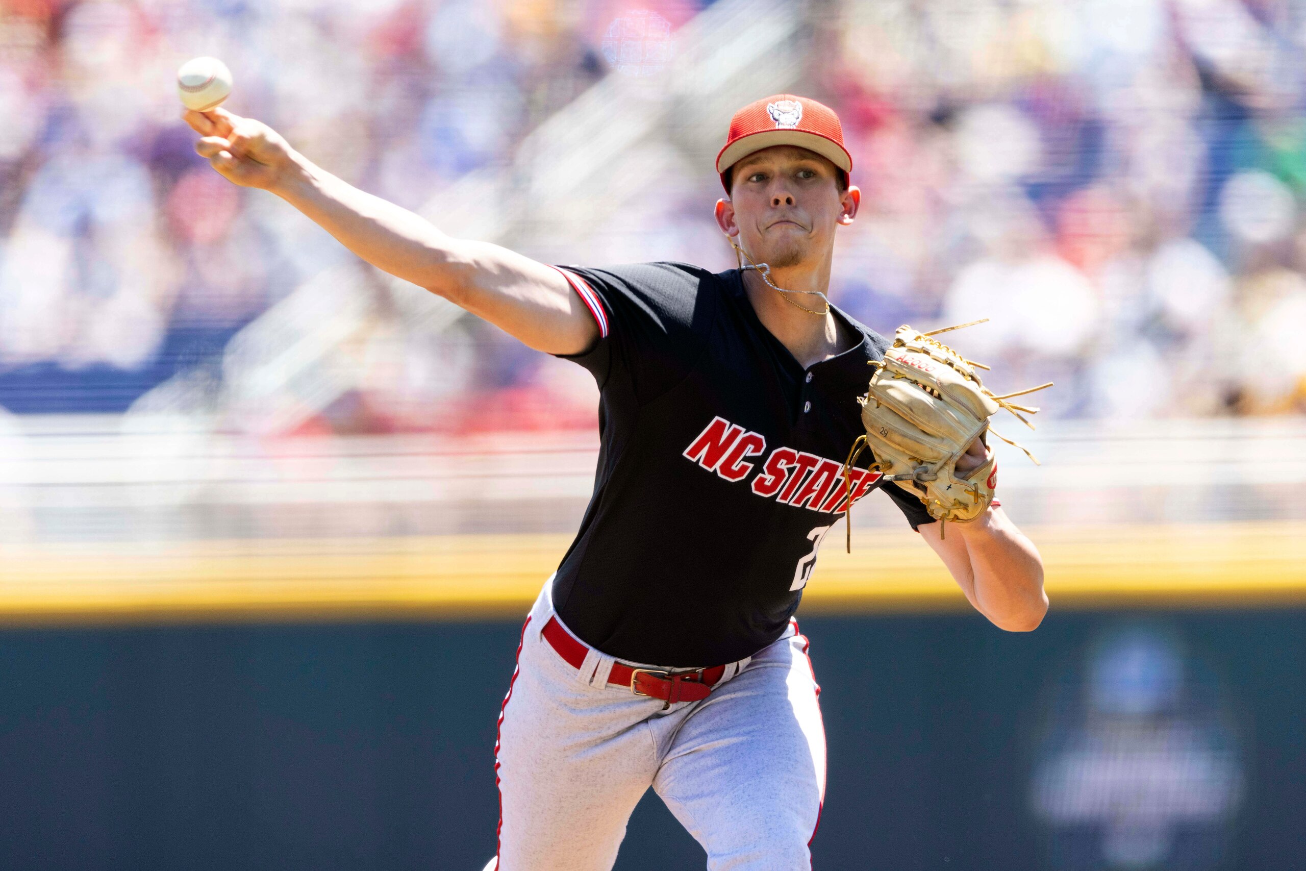 North Carolina State starting pitcher Reid Johnston (29) throws against Stanford in the first inning in the opening baseball game of the College World Series, Saturday, June 19, 2021, at TD Ameritrade Park in Omaha, Neb. (AP Photo/Rebecca S. Gratz) North Carolina State starting pitcher Reid Johnston (29) throws against Stanford in the first inning in the opening baseball game of the College World Series, Saturday, June 19, 2021, at TD Ameritrade Park in Omaha, Neb. (AP Photo/Rebecca S. Gratz)