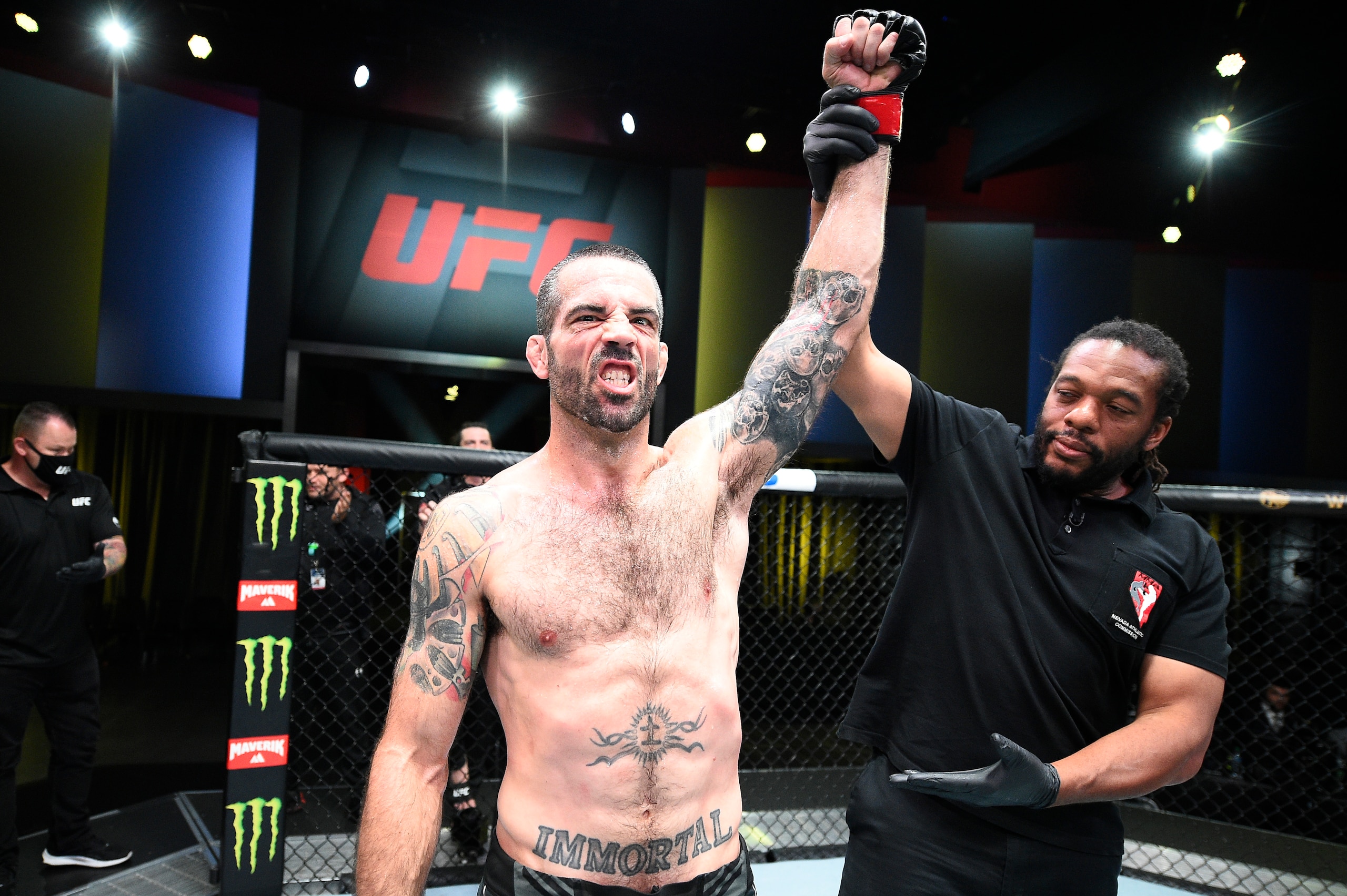 LAS VEGAS, NEVADA - JUNE 19: Matt Brown reacts after his knockout victory over Dhiego Lima of Brazil in a welterweight bout during the UFC Fight Night event at UFC APEX on June 19, 2021 in Las Vegas, Nevada. (Photo by Chris Unger/Zuffa LLC)