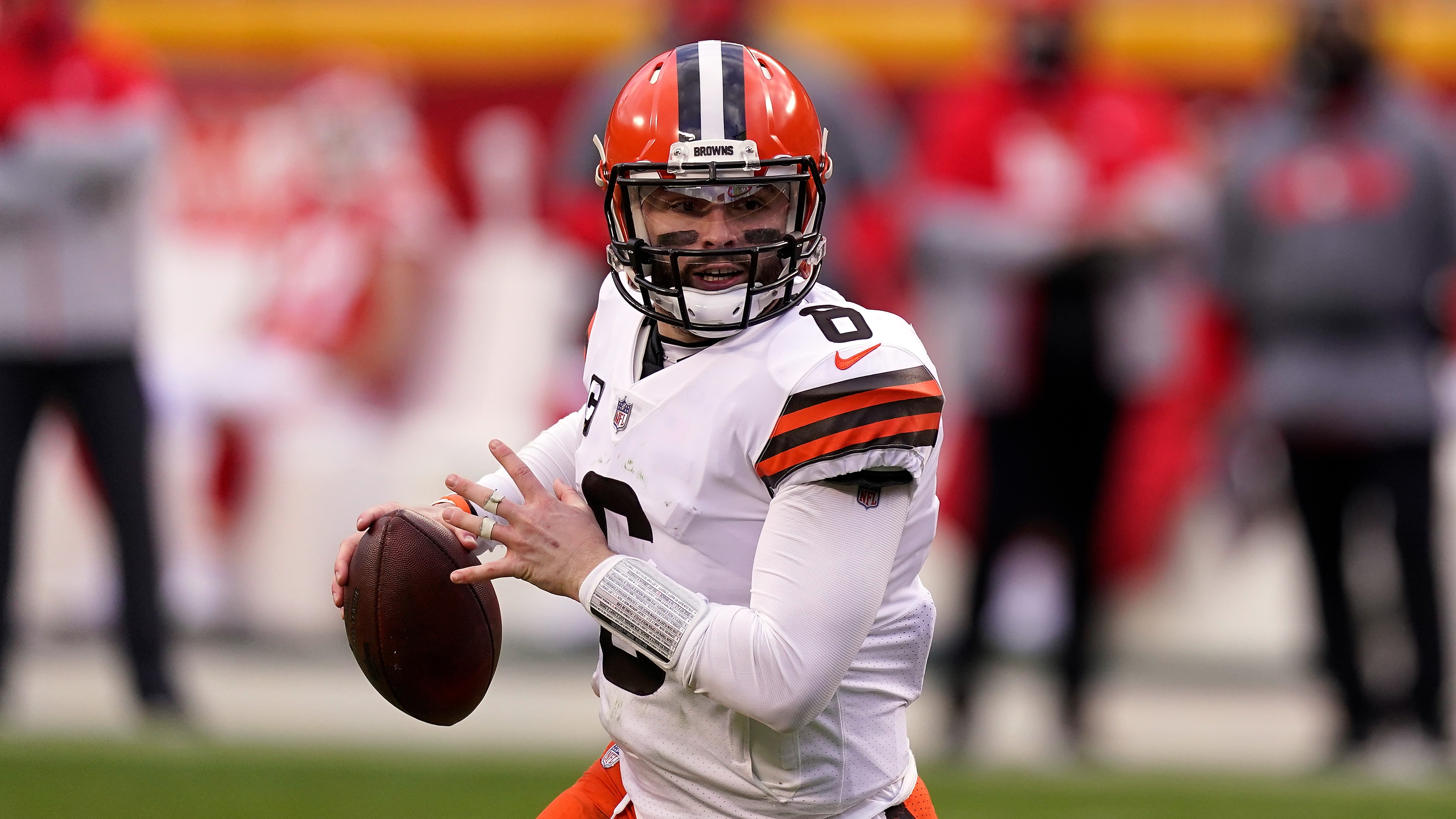 Cleveland Browns quarterback Baker Mayfield throws during the second half of an NFL divisional round football game against the Kansas City Chiefs Sunday, Jan. 17, 2021, in Kansas City, Mo. (AP Photo/Charlie Riedel)