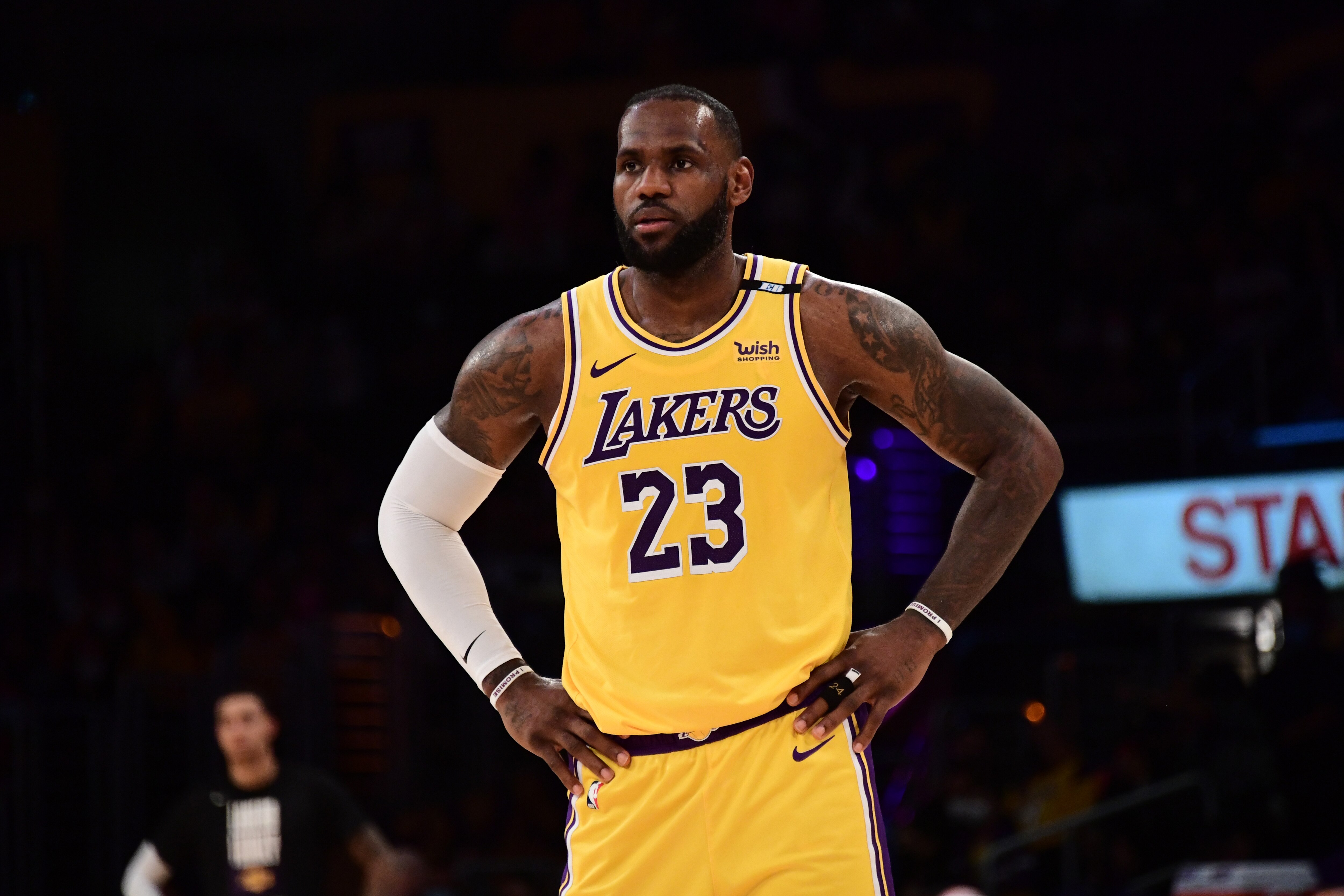 LOS ANGELES, CA - JUNE 3: LeBron James #23 of the Los Angeles Lakers looks on against the Phoenix Suns during Round 1, Game 6 of the 2021 NBA Playoffs on June 3, 2021 at STAPLES Center in Los Angeles, California. NOTE TO USER: User expressly acknowledges and agrees that, by downloading and/or using this Photograph, user is consenting to the terms and conditions of the Getty Images License Agreement. Mandatory Copyright Notice: Copyright 2021 NBAE (Photo by Adam Pantozzi/NBAE via Getty Images)
