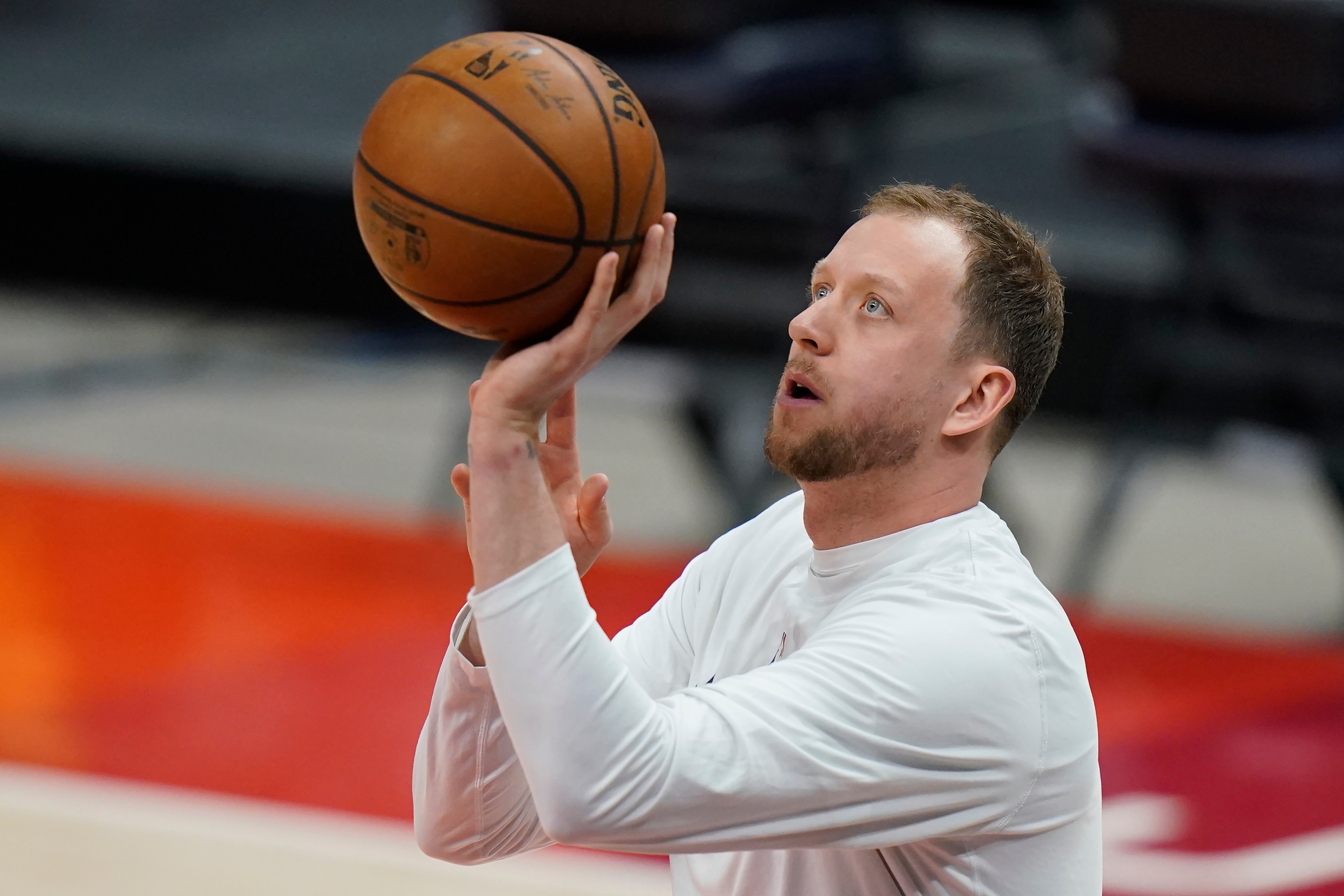 Utah Jazz guard Joe Ingles warms up before Game 5 of a second-round NBA basketball playoff series against the Los Angeles Clippers Wednesday, June 16, 2021, in Salt Lake City. (AP Photo/Rick Bowmer)