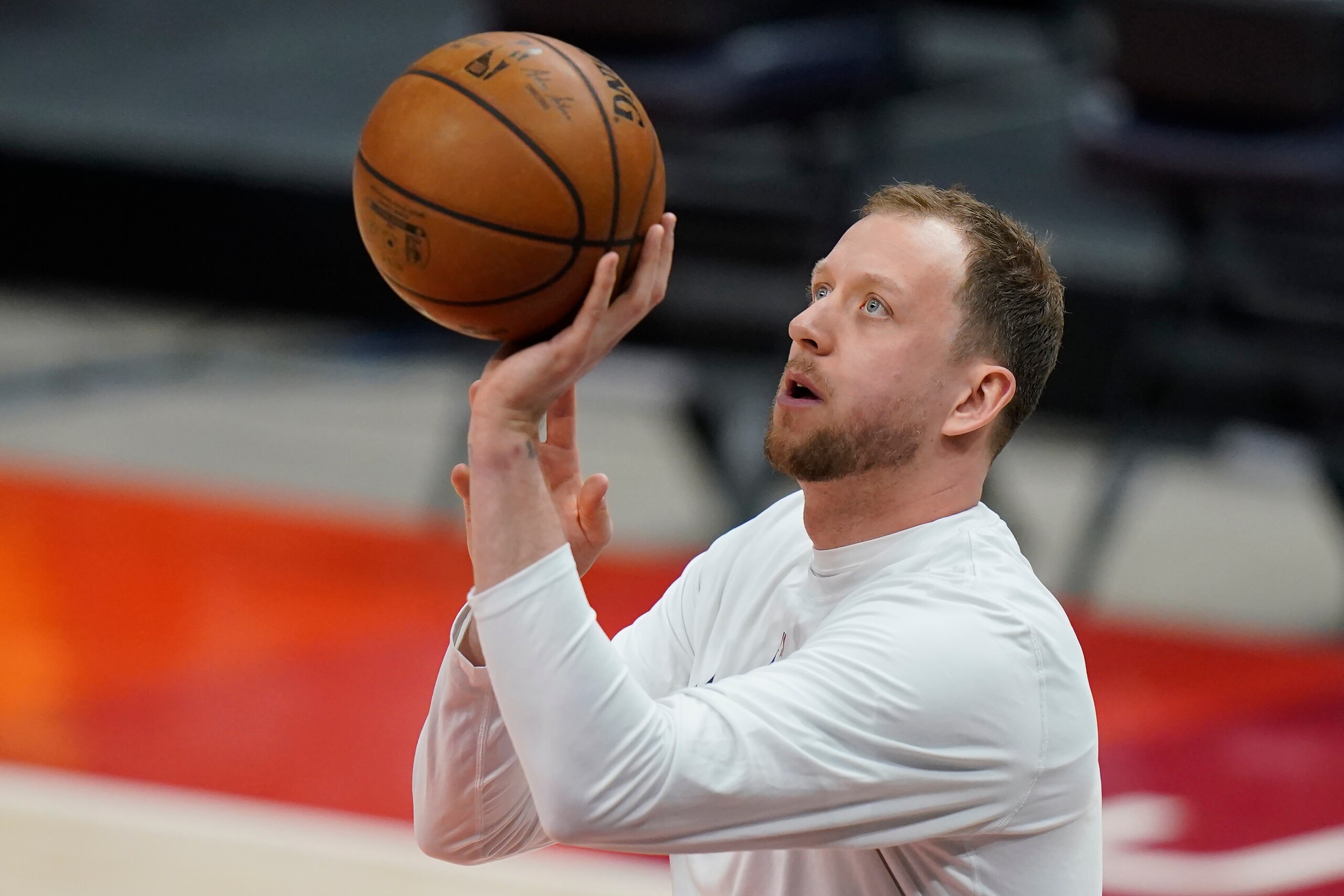 Utah Jazz guard Joe Ingles warms up before Game 5 of a second-round NBA basketball playoff series against the Los Angeles Clippers Wednesday, June 16, 2021, in Salt Lake City. (AP Photo/Rick Bowmer)