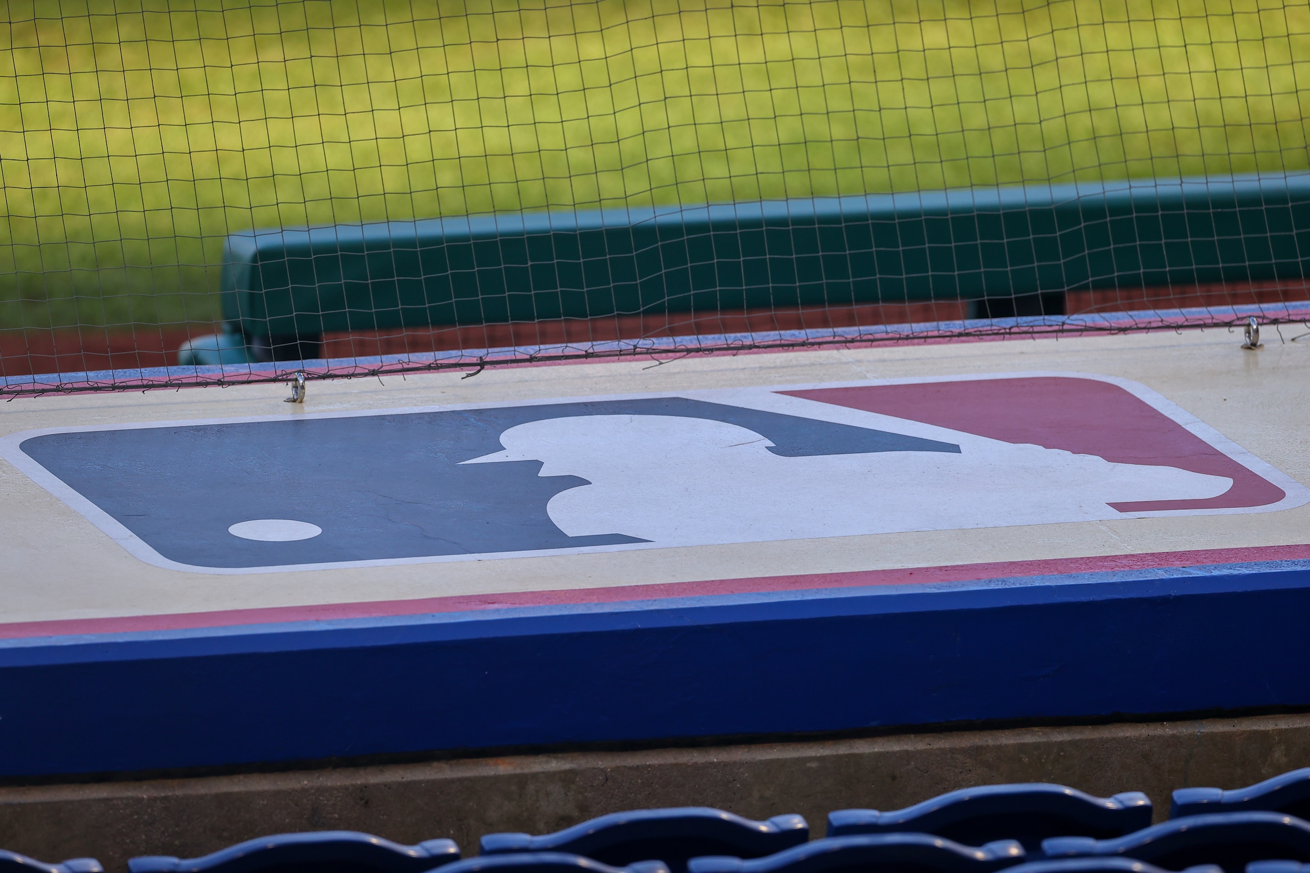 PHILADELPHIA, PA - MAY 01:  A generalview of the MLB logo atop the dugout prior to the Major League Baseball game between the Philadelphia Phillies and the New York Mets on May 1, 2021 at Citizens Bank Park in Philadelphia, PA.  (Photo by Rich Graessle/Icon Sportswire via Getty Images)